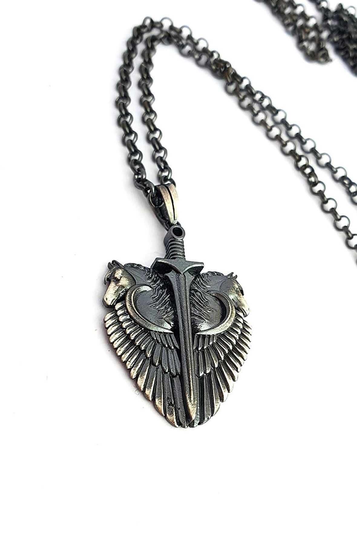 At kılıç Figürlü 925ayar Gümüş Tasarım El İşi Erkek Kolye