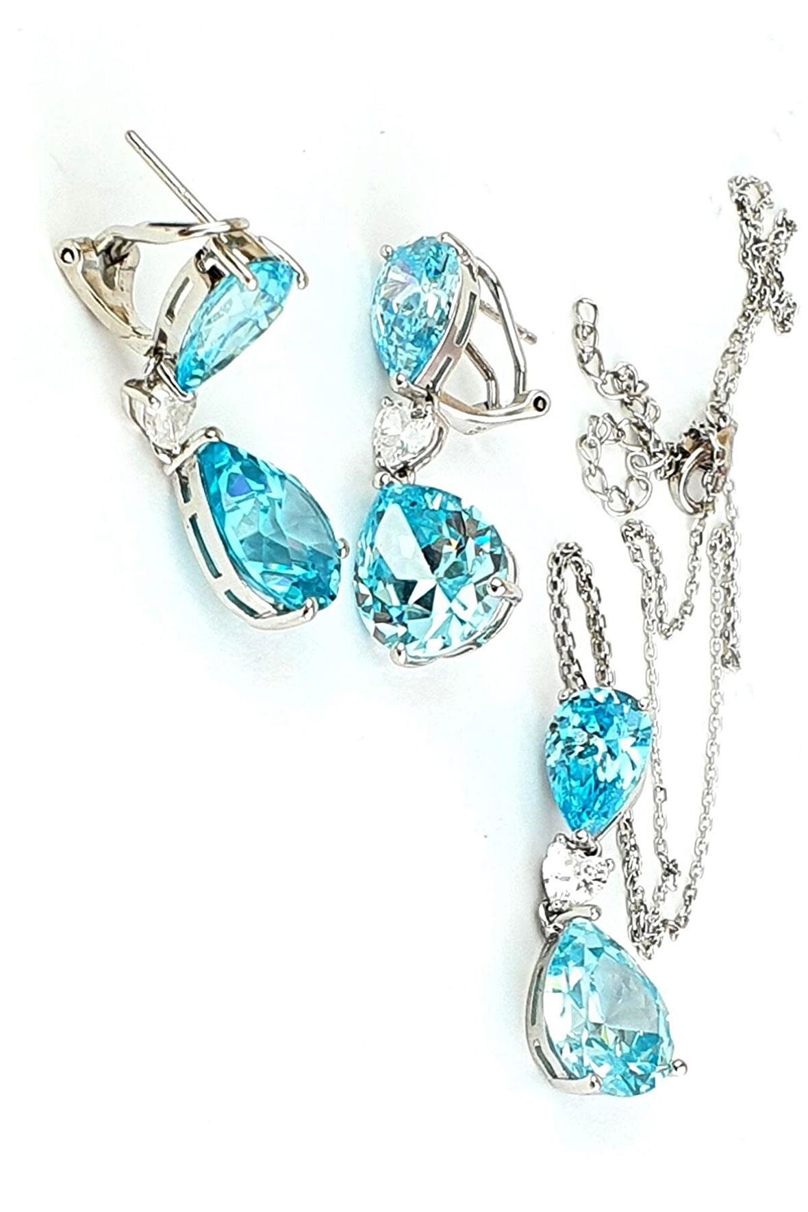 Aquamarin Taşlı 925ayar Gümüş Exclusive Küpe Kolye Set Takım