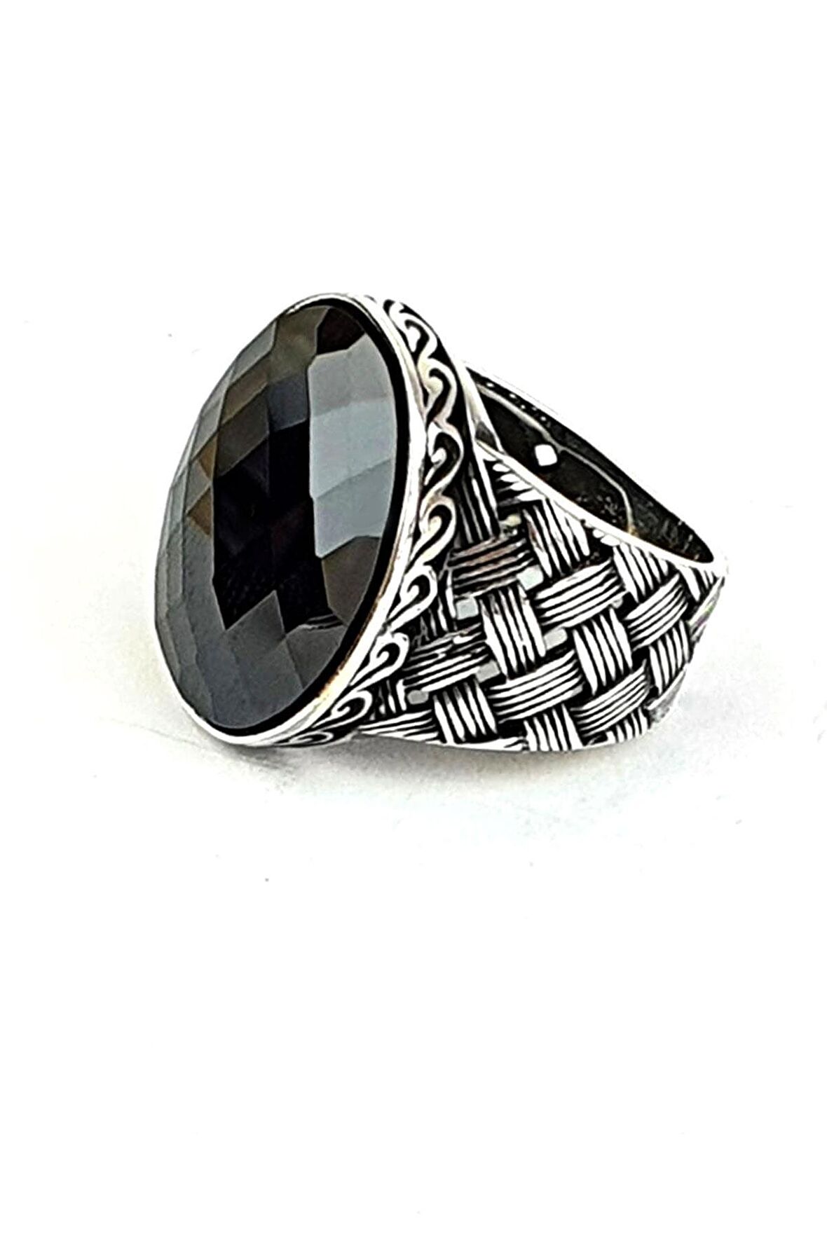 Faset Kesim Oniks Taşlı 925ayar Gümüş Hasır İşlemeli Erkek Yüzük