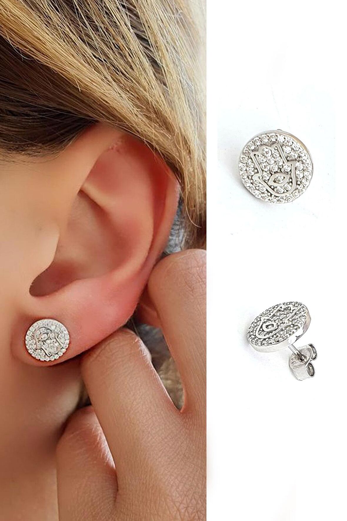 ZIRKON taşlı Fatmanin Eli figürlü 925ayar gümüş Küpe 