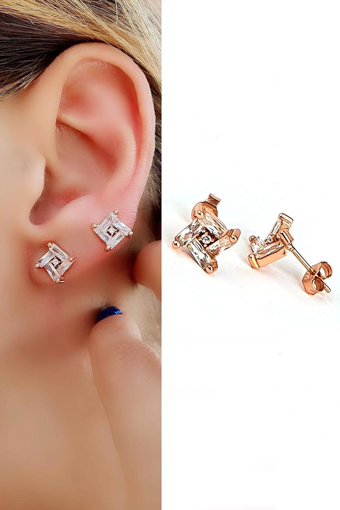 Baget Zirkon Taşlı 925ayar Gümüş Üzerine Rose Altın Kaplama Trend Küpe