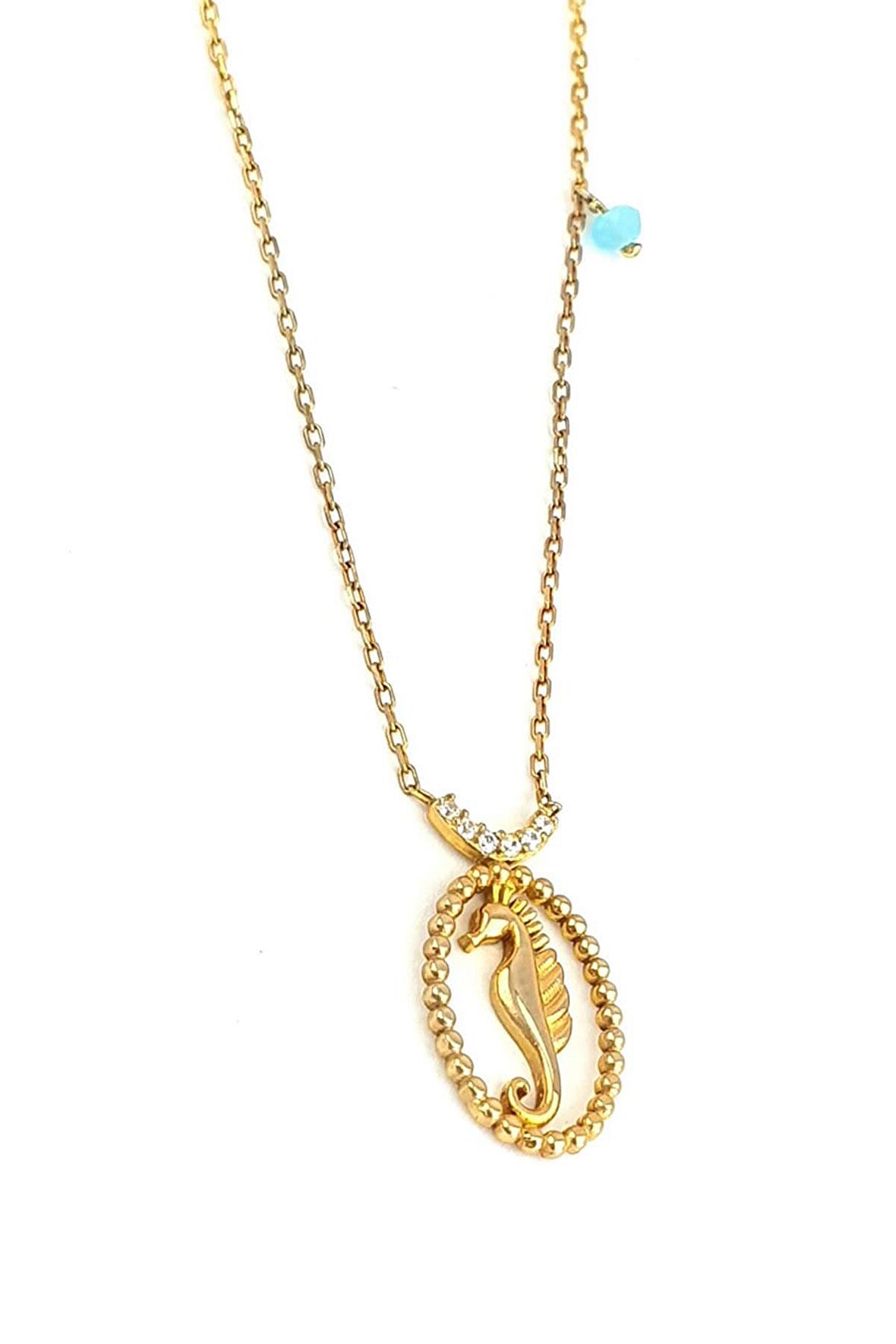 Mavi Kuvars taş detaylı 925ayar gümüş üzerine altın kaplama deniz atı şans kolyesi