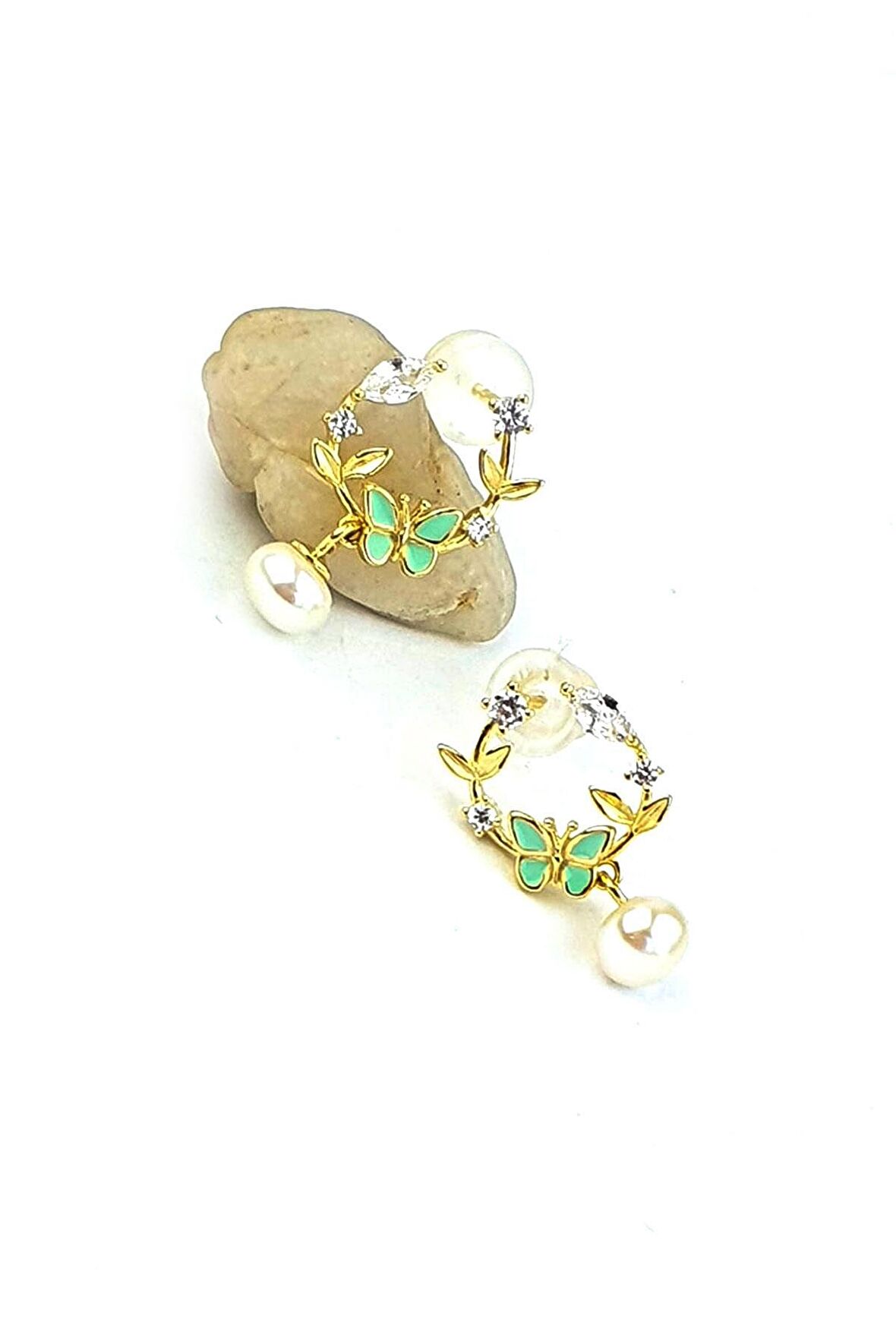 Mavi mineli İnci Detaylı 925ayar Gümüş üzerine Altın Kaplama Tasarım El İşi Küpe