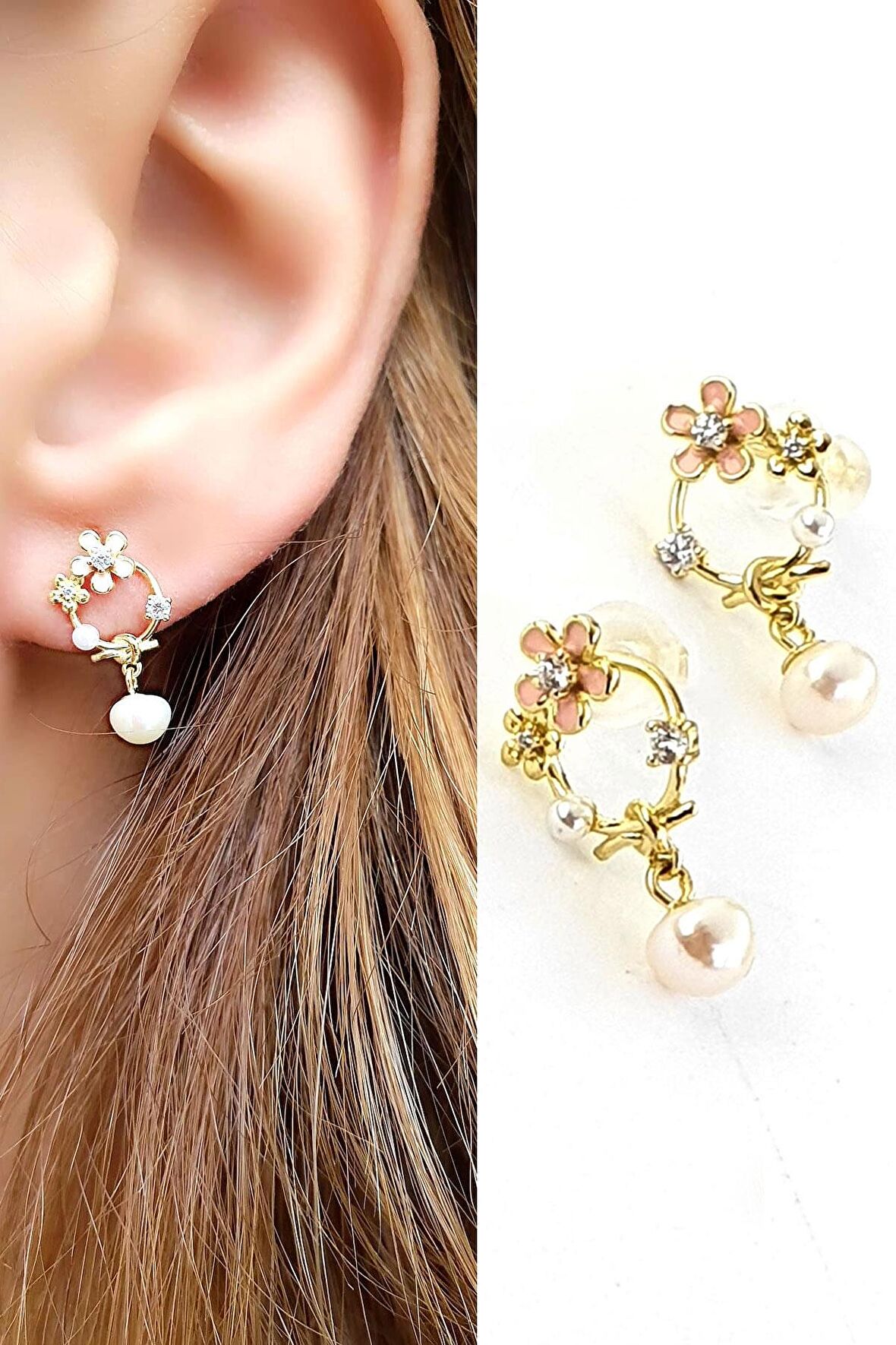 Pembe mineli İnci Detaylı 925ayar Gümüş üzerine Altın Kaplama Tasarım El İşi Küpe