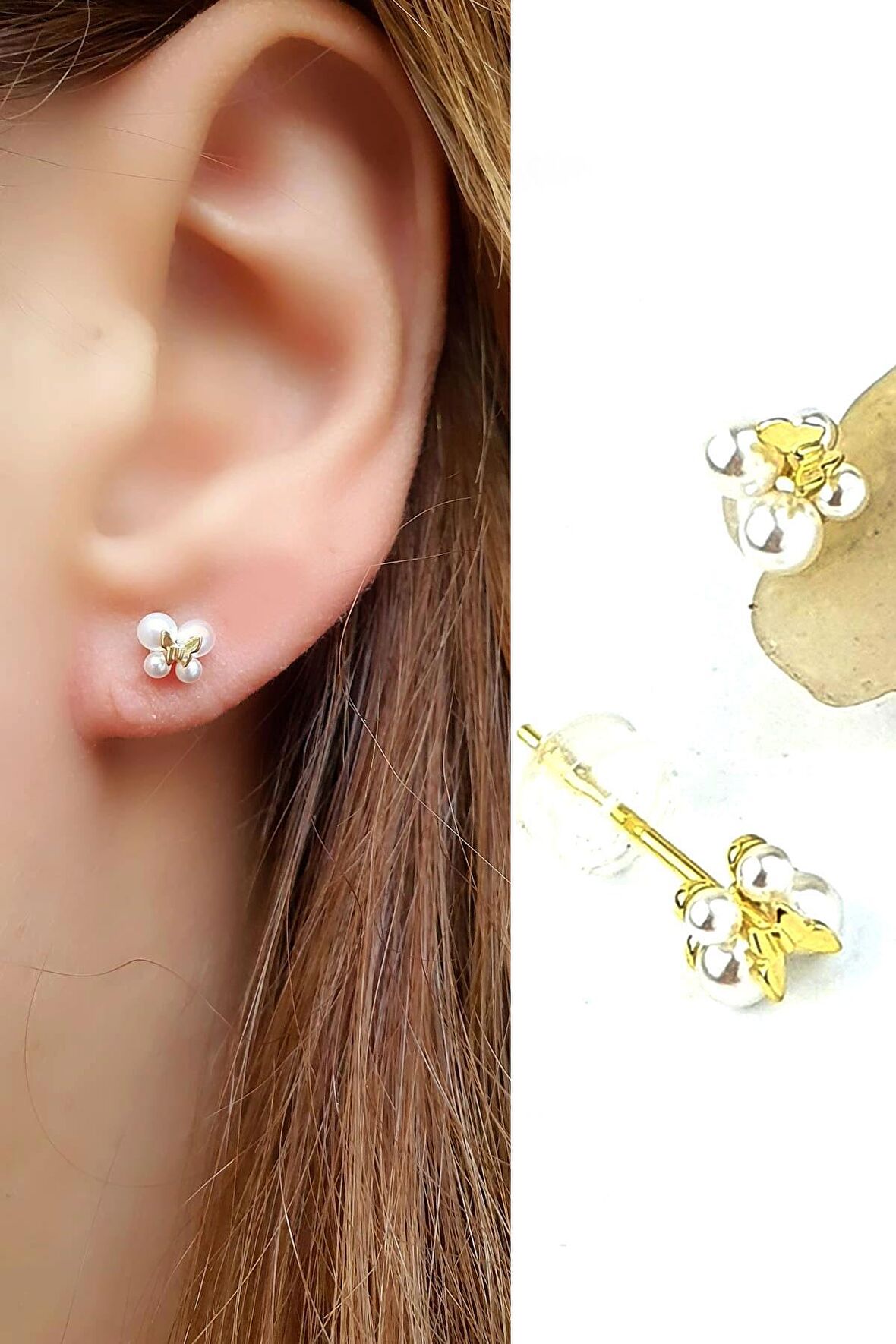 İncili 925ayar Gümüş Üzerine Altın Kaplama Tasarım  Minimal El İşi Kelebek Küpe