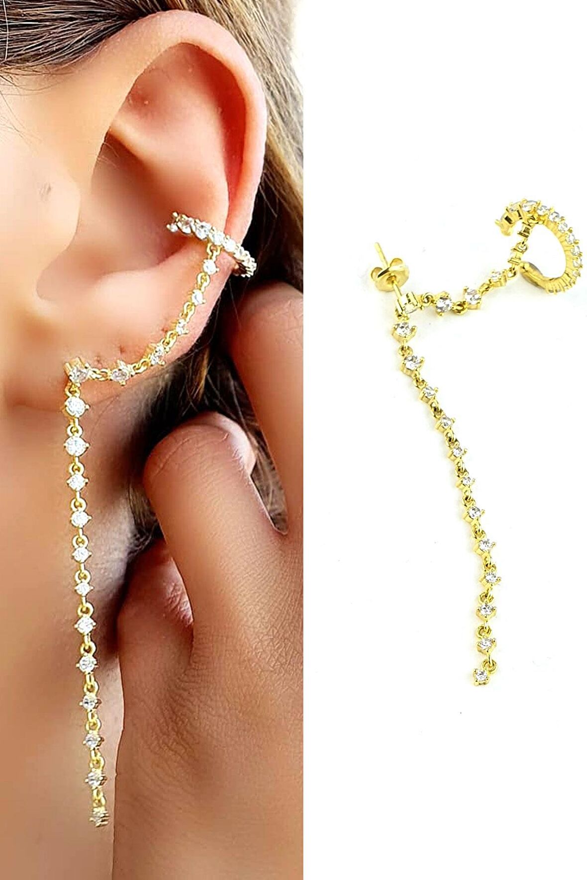 Zirkon Taş Detaylı 925ayar Gümüş Üzerine Altın Kaplama Kıkırdak Earcuff Zincir Küpe 