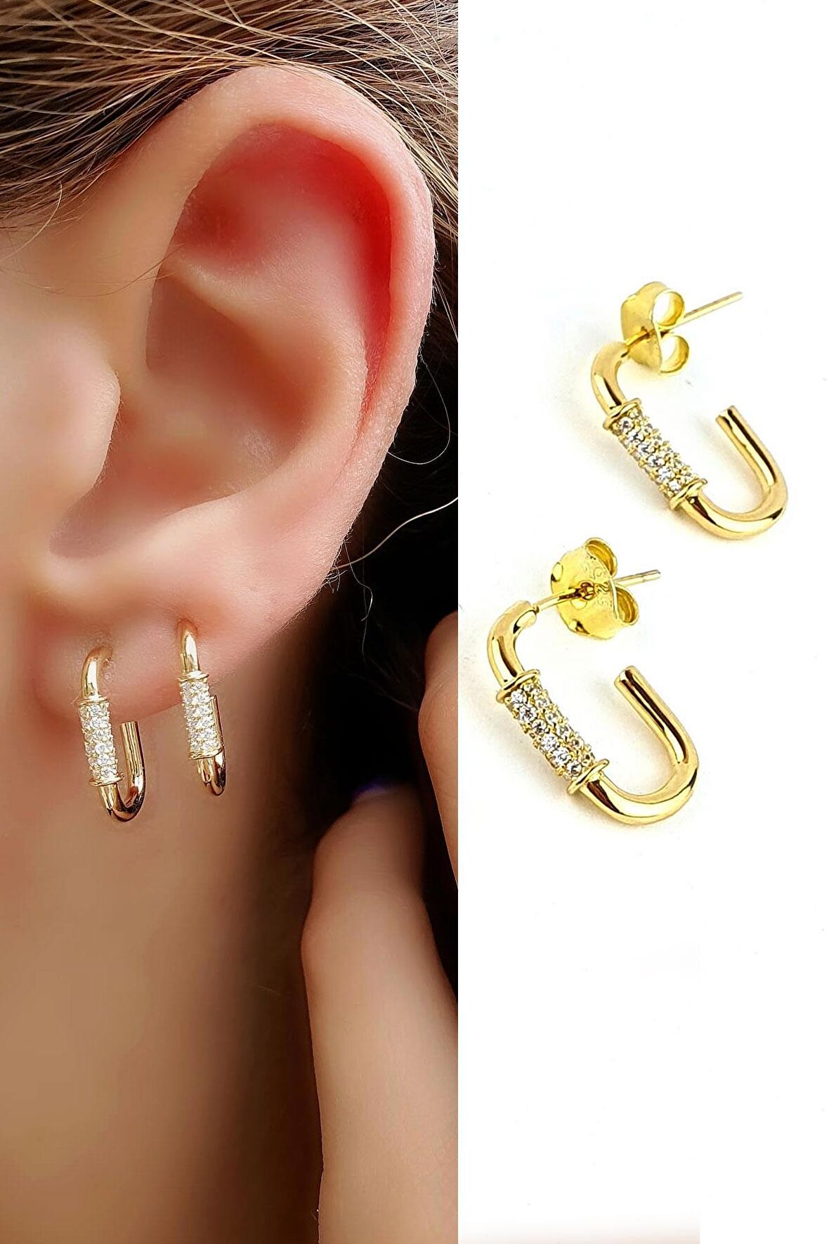 Zirkon Taş Detaylı 925ayar Gümüş Üzerine Altın Kaplama Tasarım Oval Küpe 