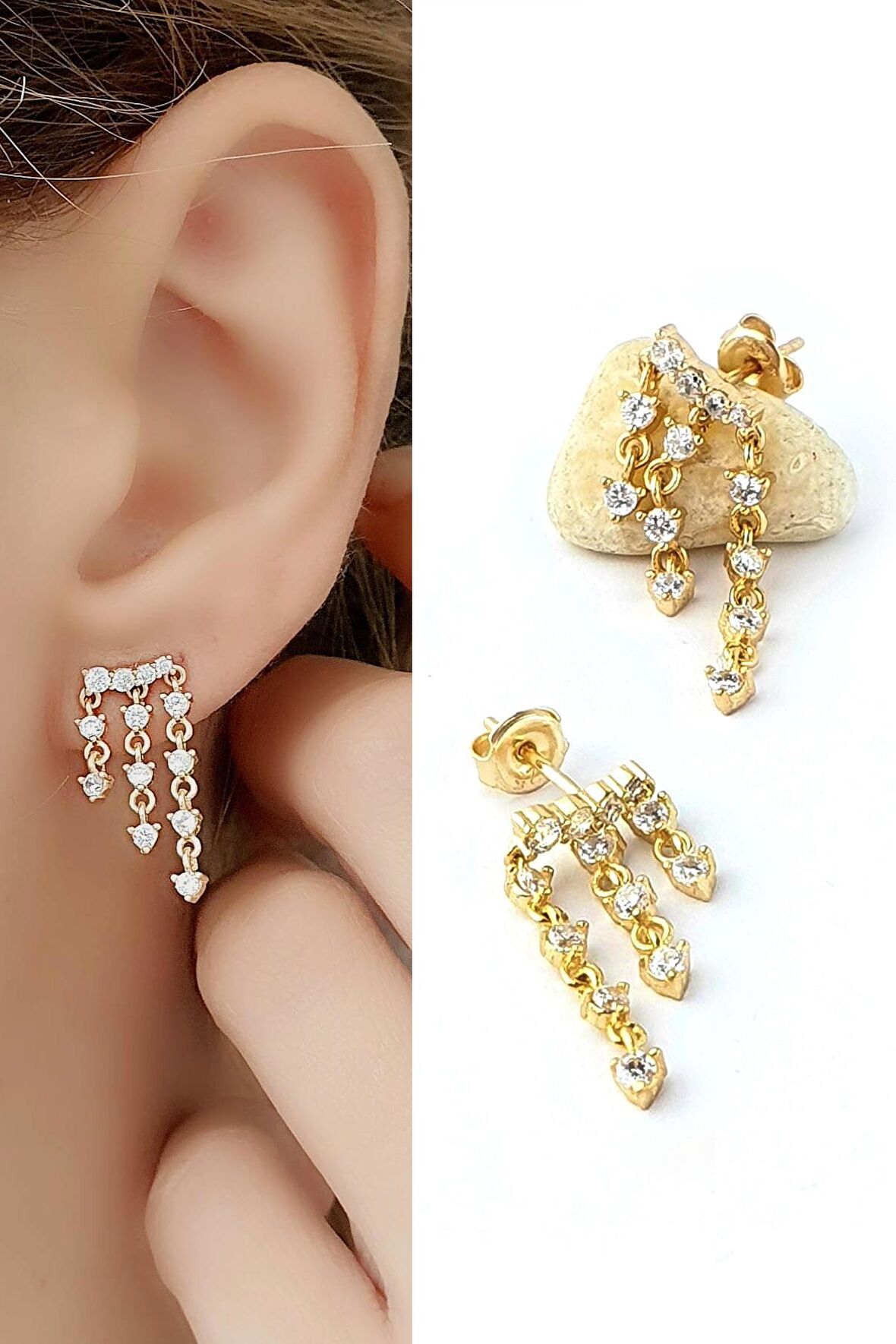 Zirkon Taş Detaylı 925ayar Gümüş Üzerine Altın Kaplama Luxry Tasarım Trend Sallantılı Küpe