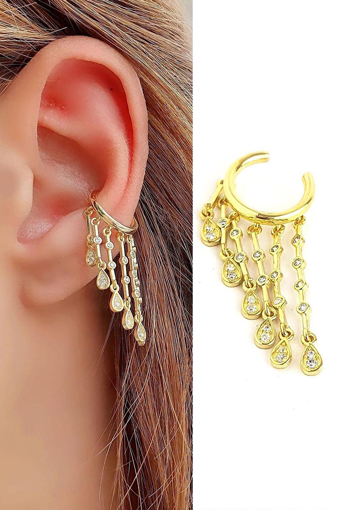 Zirkon Taş Detaylı 925ayar Gümüş Earcuff Kıkırdak Tasarım Küpe 