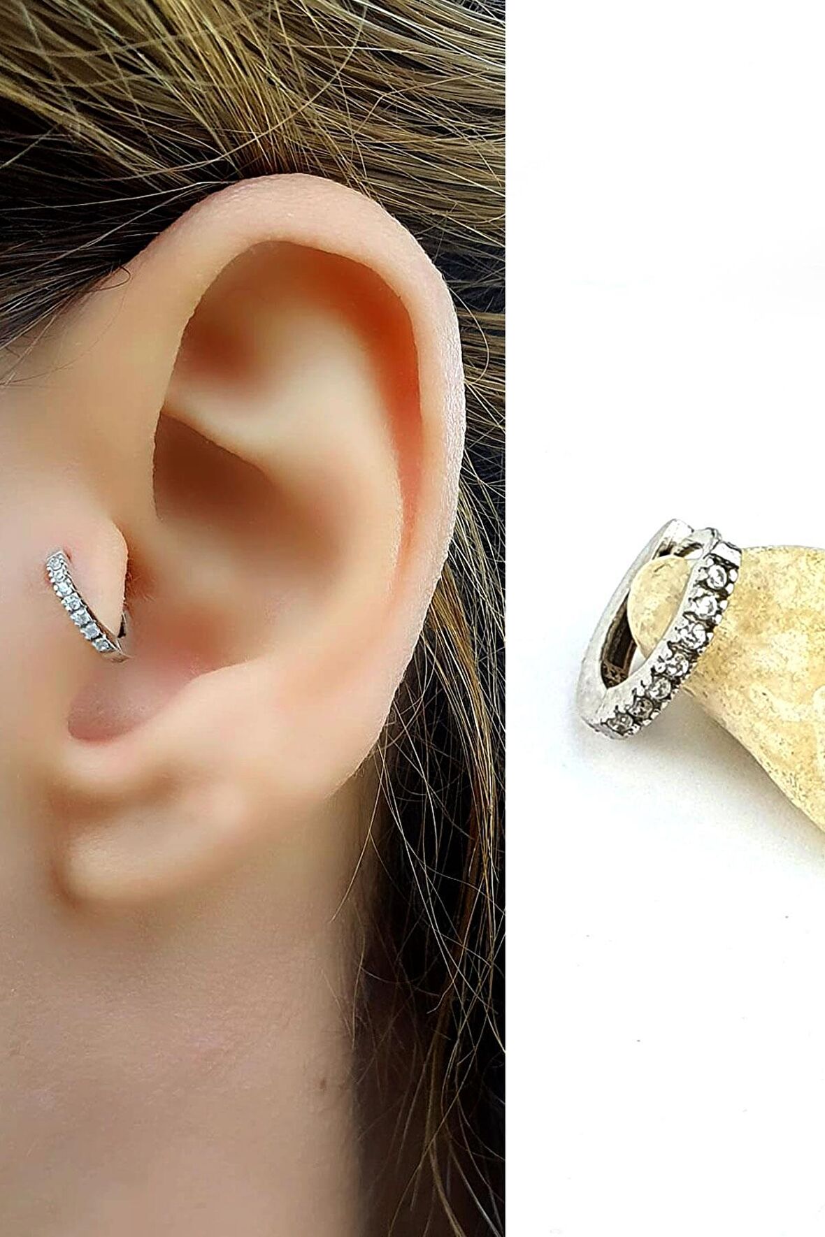 Zirkon Taş Detaylı 925ayar Gümüş Tragus Kıkırdak Minimal Tek Halka Küpe