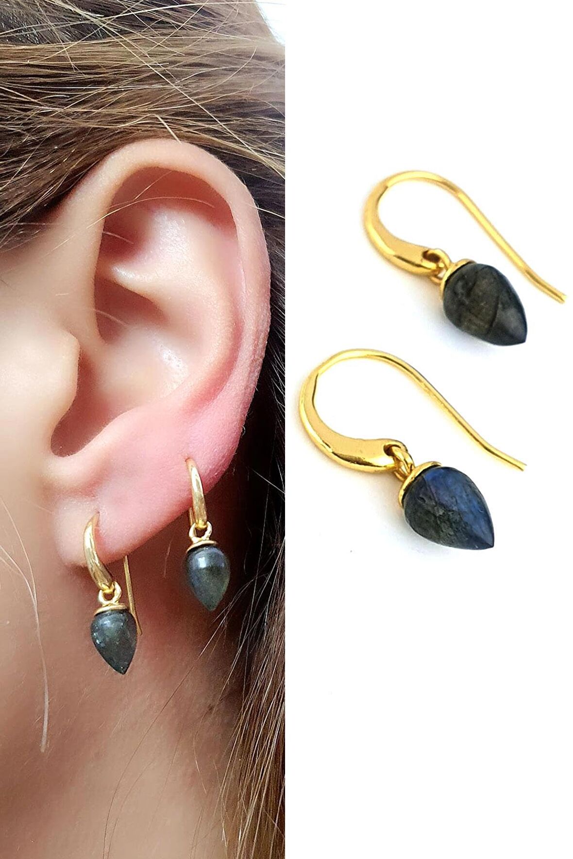 Labrodorite Taşlı 925ayar Gümüş Üzerine Altın Kaplama Tasarım Doğal Taş Küpe 