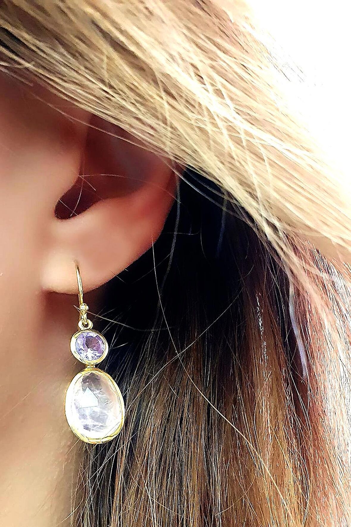 Pembe Kuvars  ve Ametist Taşlı 925ayar Gümüş Üzerine Altın Kaplama Tasarım Doğal Taş Küpe