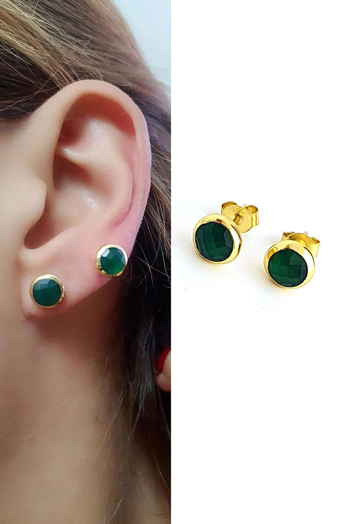 Kök Zümrüt Taşlı 925ayar Gümüş Üzerine Altın Kaplama Tasarım Doğal Taş Küpe