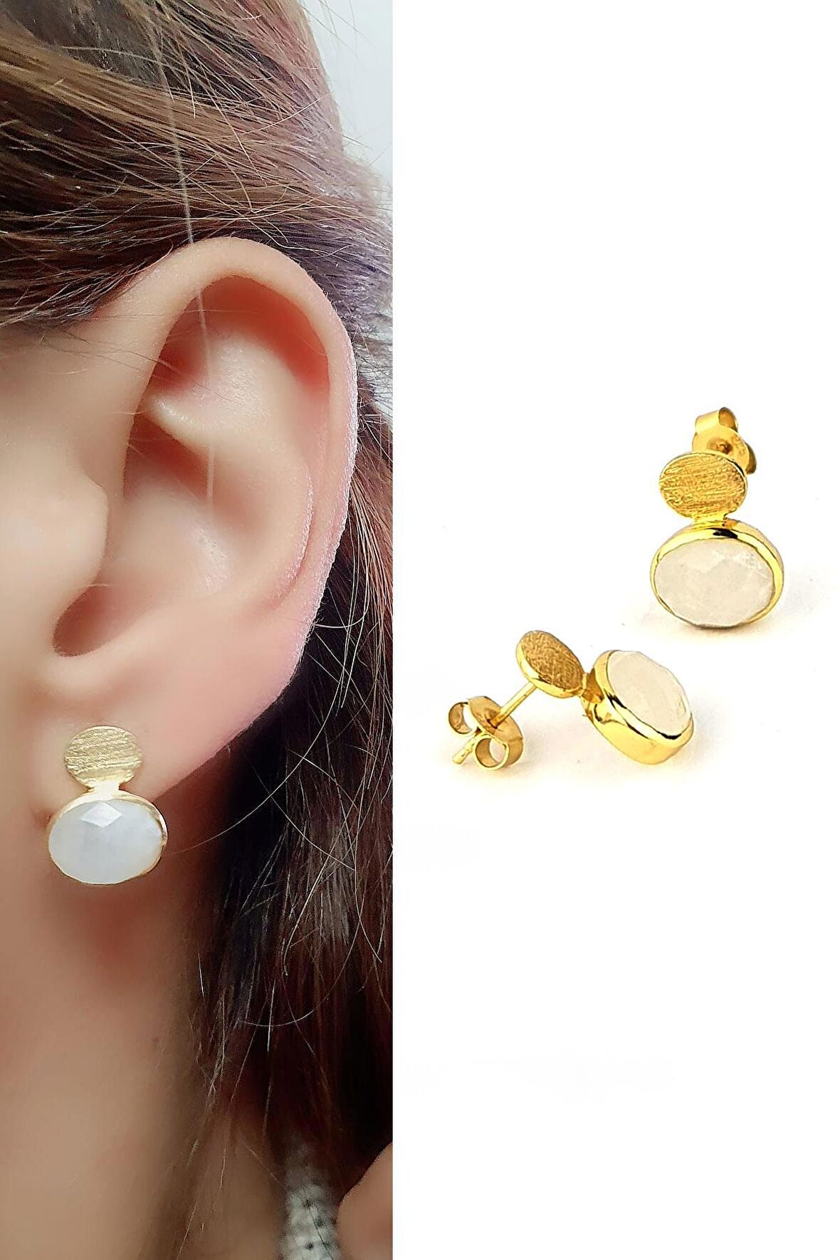 AyTaşlı 925ayar Gümüş Üzerine Altın Kaplama Tasarım Doğal Taş Küpe 