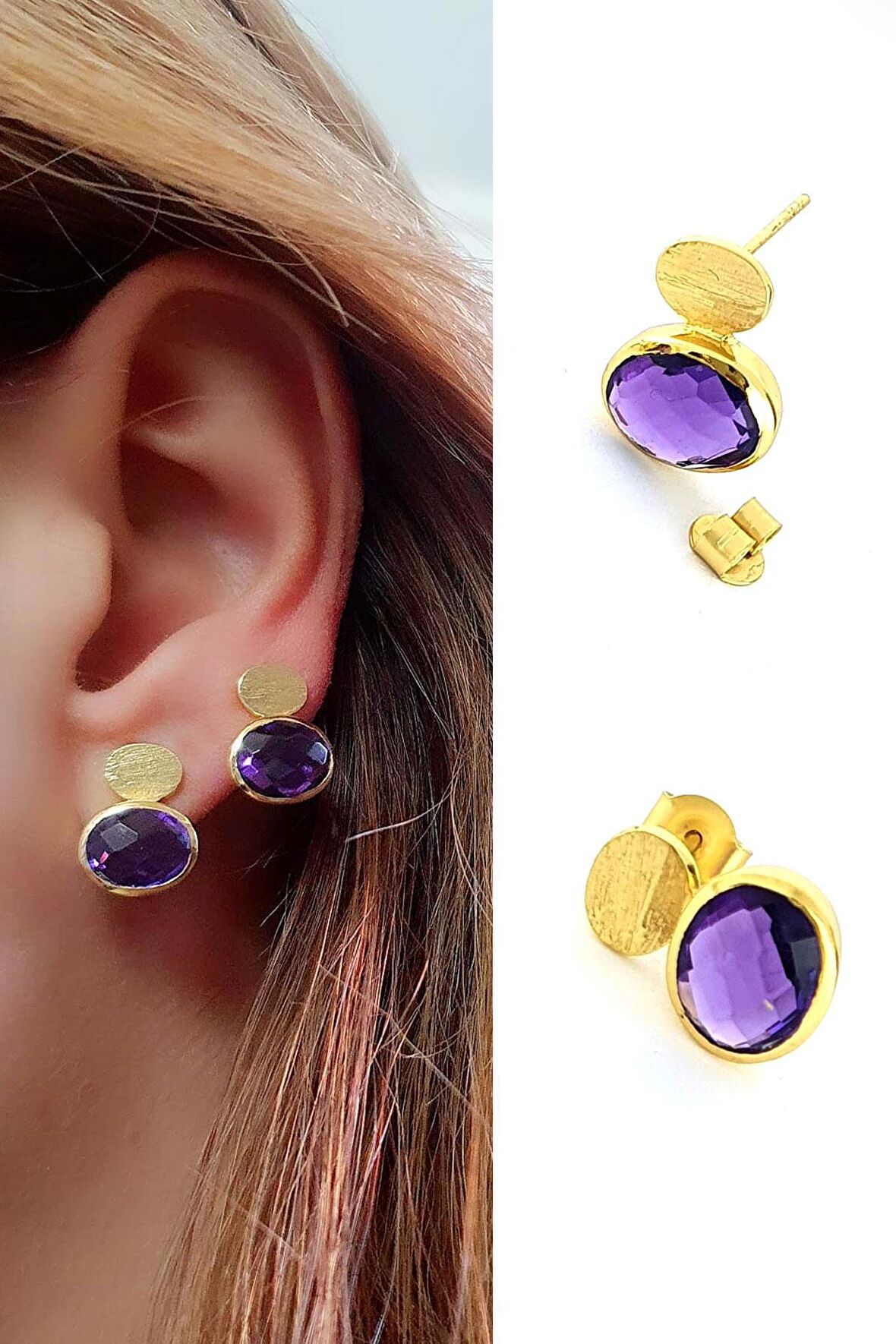 Ametist Taşlı 925ayar Gümüş Üzerine Altın Kaplama Tasarım Doğal Taş Küpe 