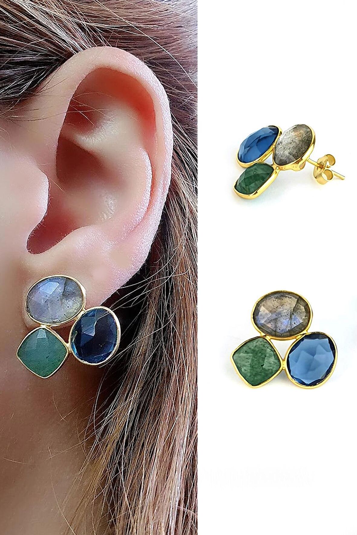 Labrodorite Kök zümrüt ve zirkon Taşlı 925ayar Gümüş Üzerine Altın Kaplama Tasarım Doğal Taş Küpe 