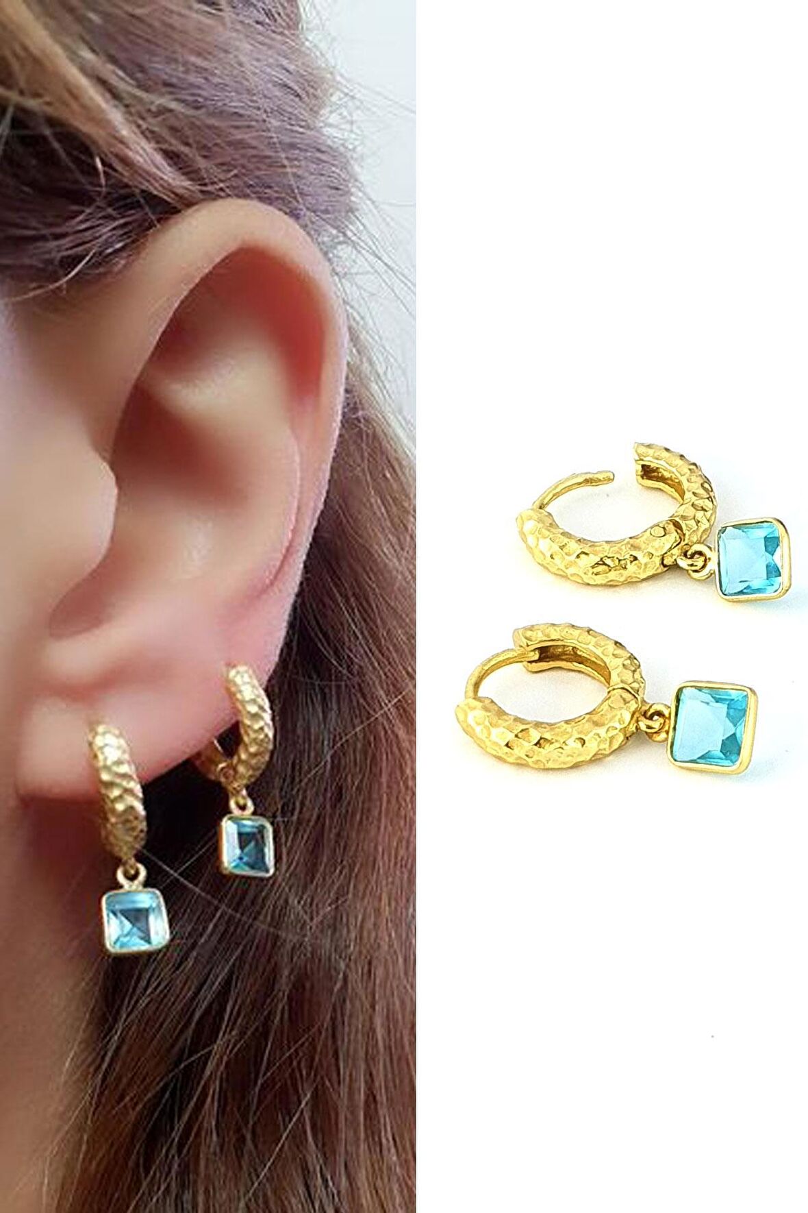 Aquamarin Taşlı 925ayar Gümüş Üzerine Altın Kaplama Doğal Taş Minimal Halka Küpe