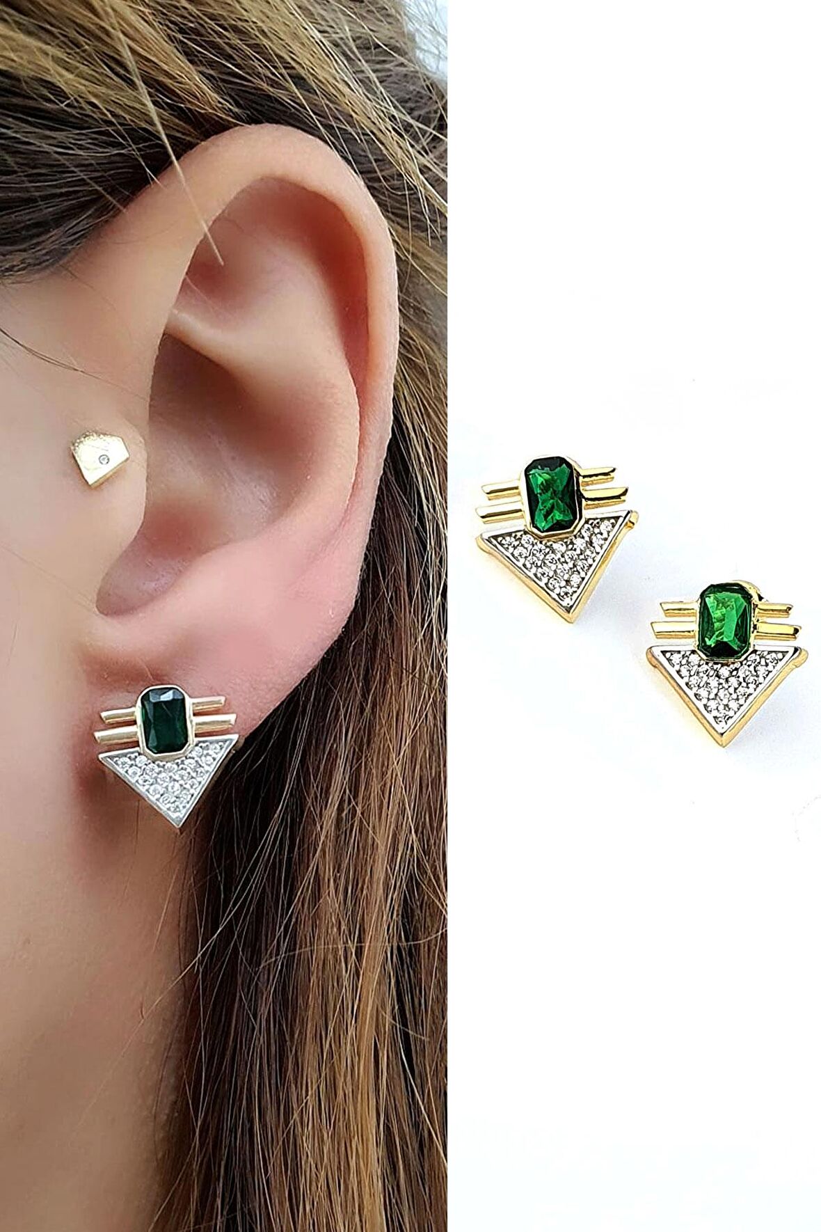 Yeşil Zirkon Taşlı 925ayar Gümüş Üzerine Altın Kaplama Luxury Tasarım Trend Küpe