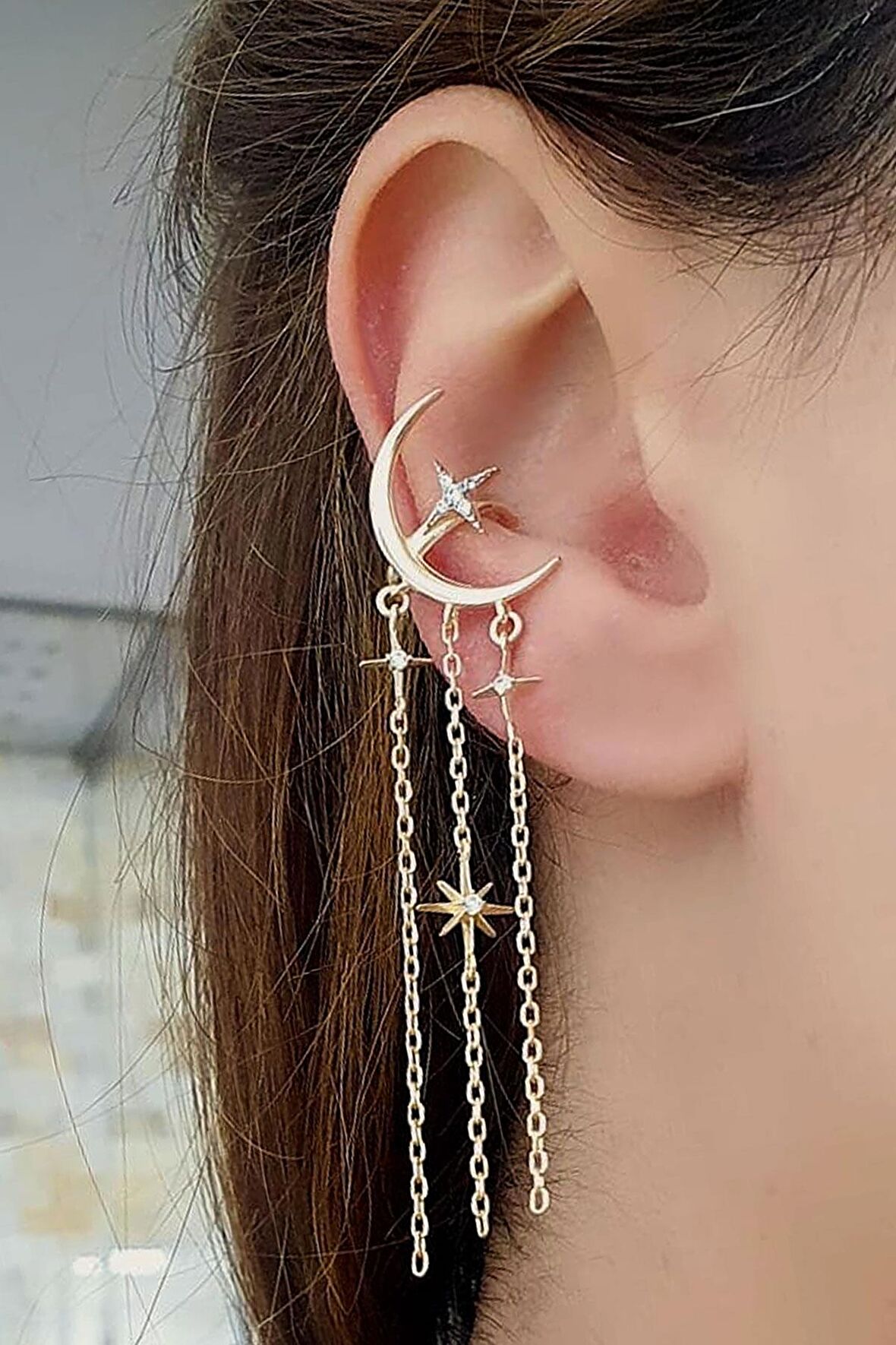 Ay Yıldız figürlü 925ayar gümüş Luxury Tasarım Sıkıştırmalı Earcuff Kıkırdak Küpe