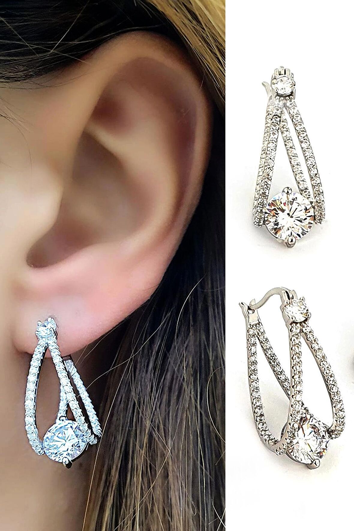 Pırlanta Parlaklığında Zirkon Taşlı 925ayar Gümüş Tasarım Halka Küpe