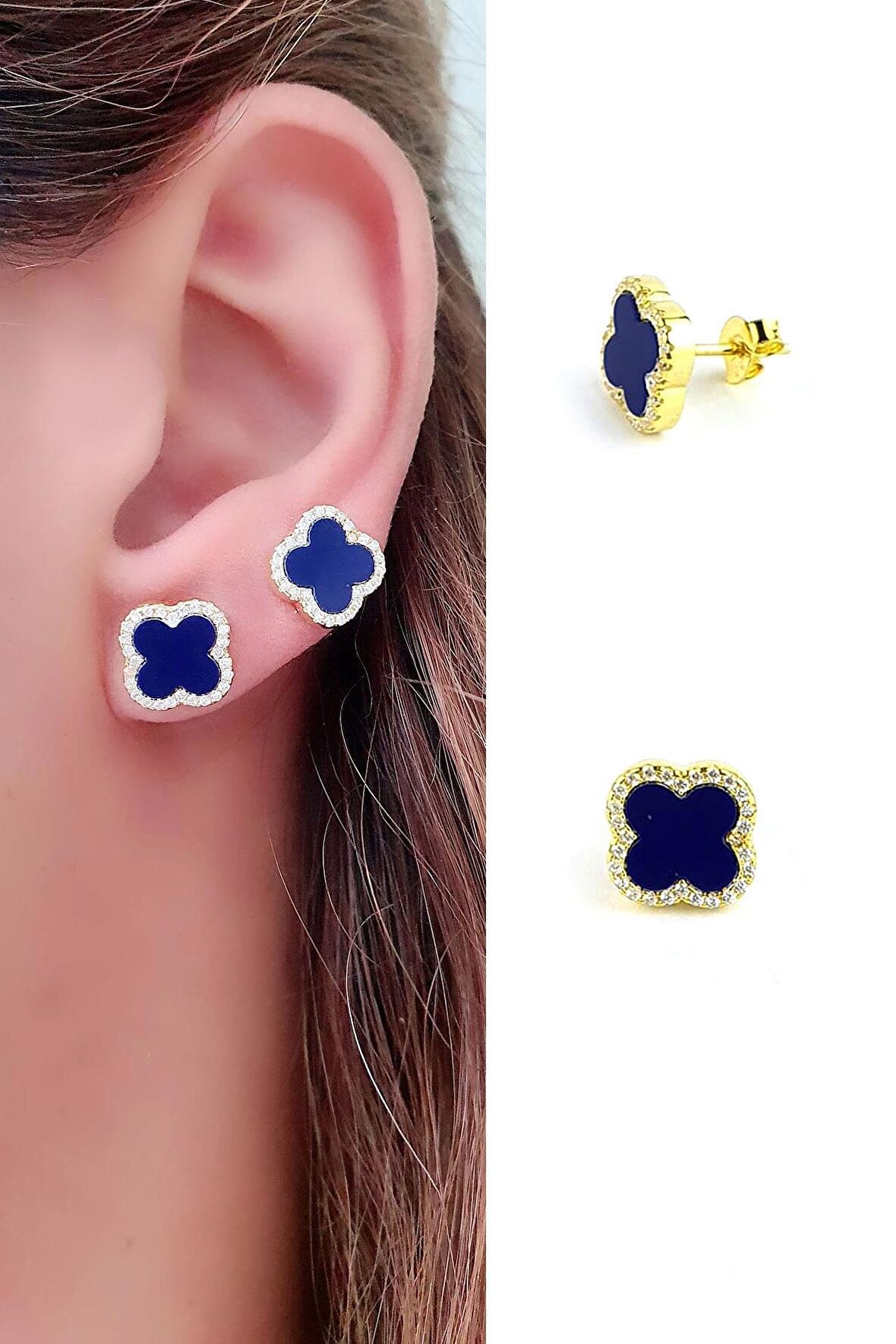 Lacivert Taşlı Zirkon Taş Detaylı 925ayar Gümüş Üzerine Altın Kaplama İtalyan Tasarımı Yonca Küpe 