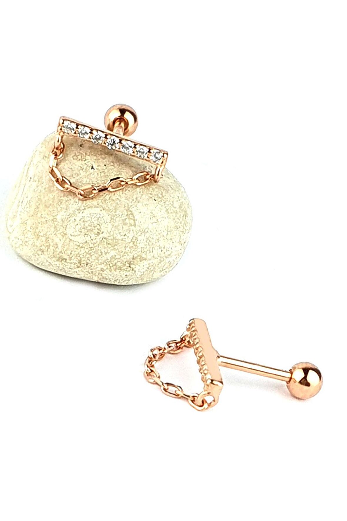 925ayar Gümüş Rose Zirkon Taşlı zincirli Tragus Kıkırdak Piercing 