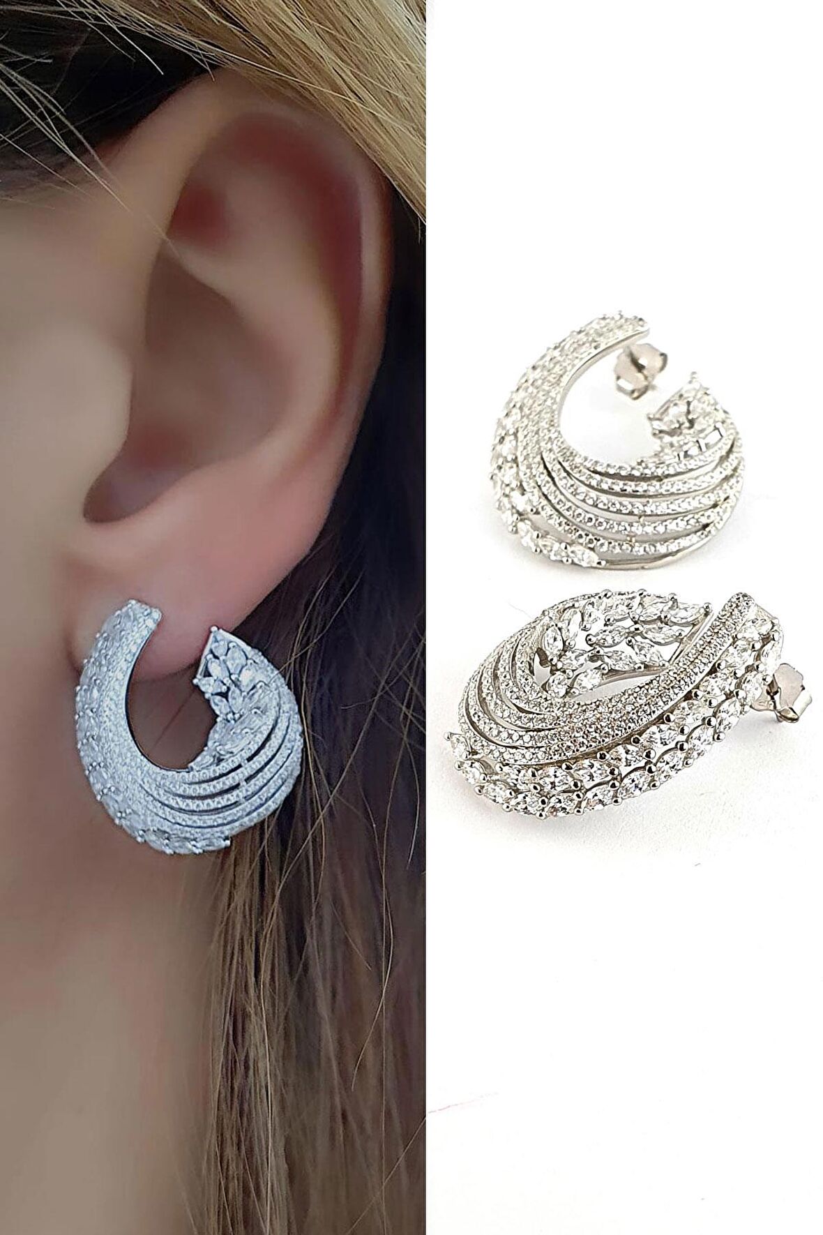 Pırlanta Parlaklığında Zirkon Taşlı 925ayar Gümüş İtalyan Tasarımı Lüks Sarmal Küpe 