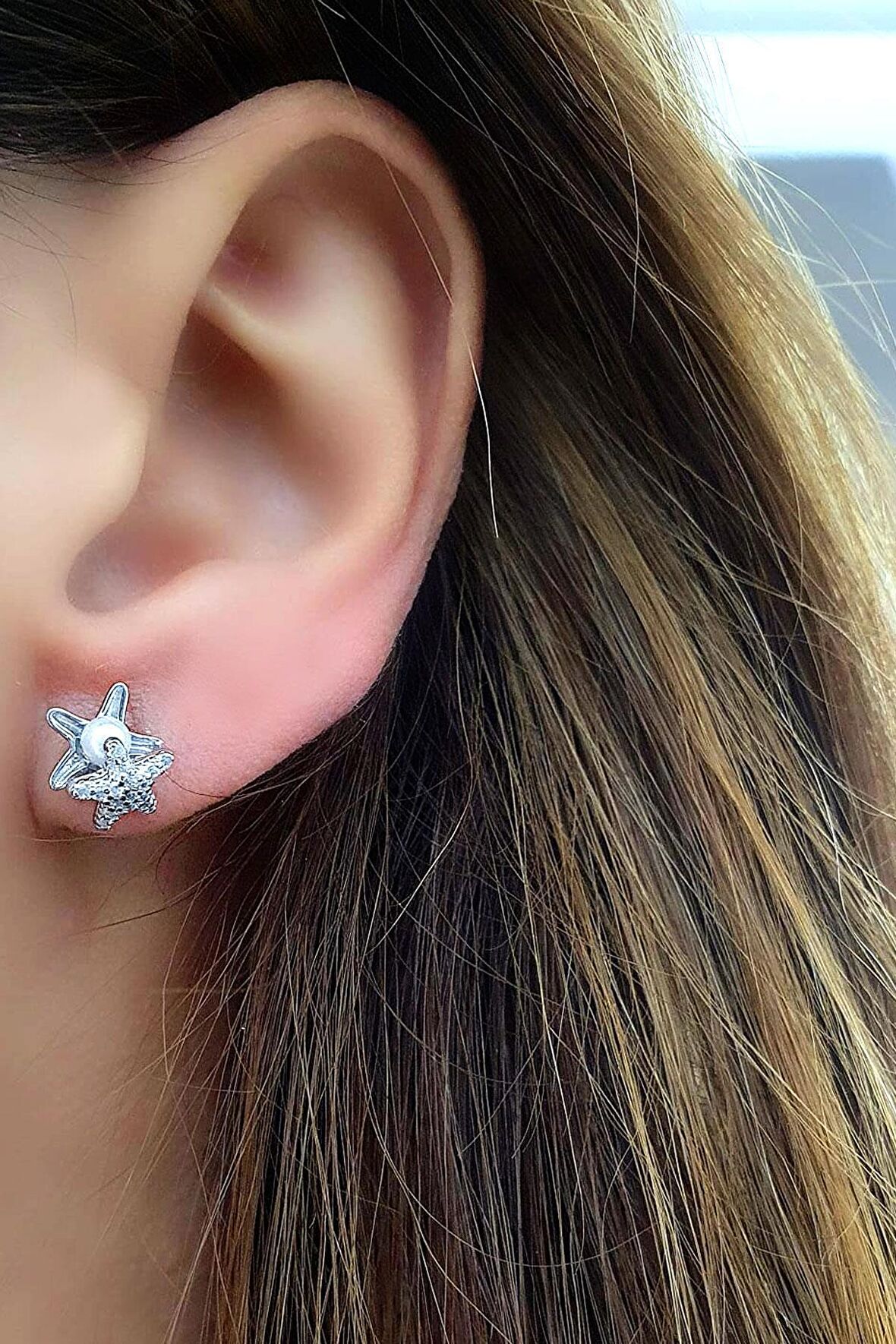 Deniz Yıldızı Figürlü 925 ayar Gümüş Tasarım İnci Küpe