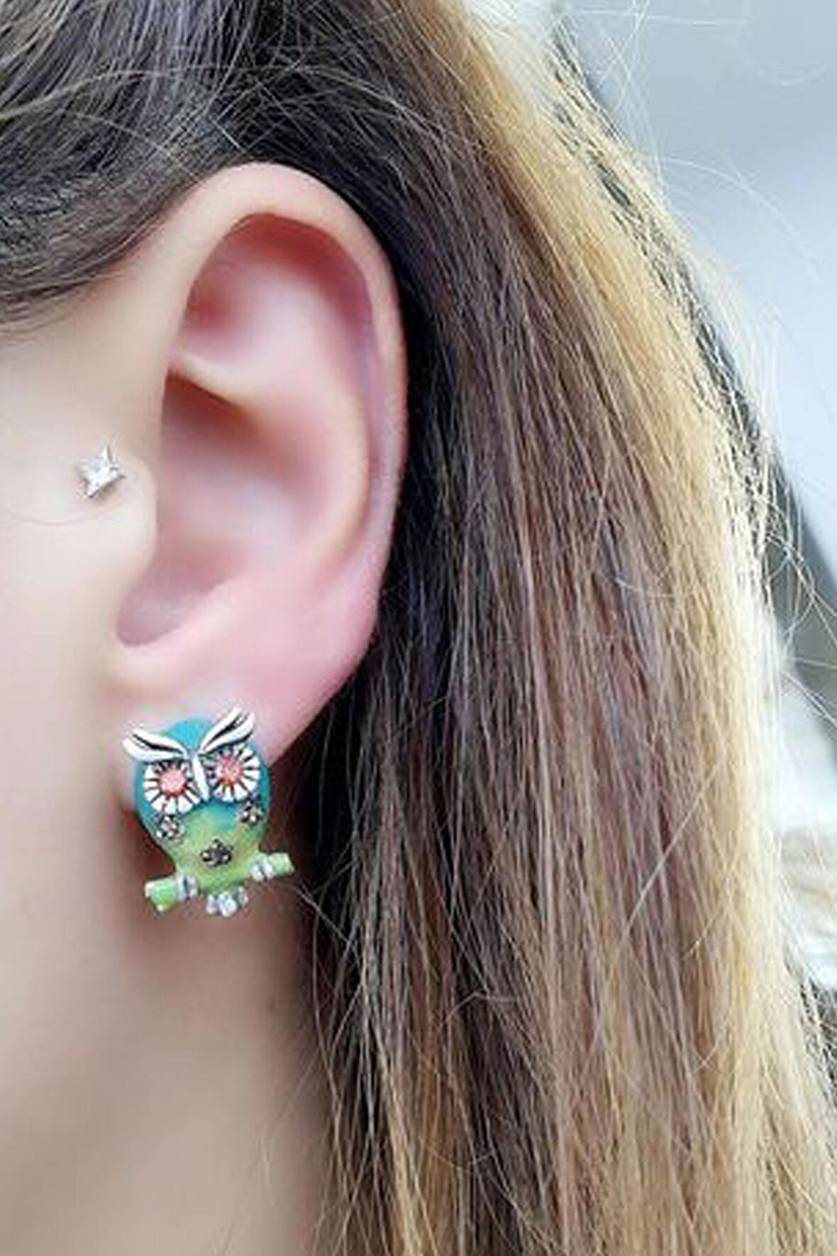 Özel Tasarım Mineli Baykuş Figürlü 925 ayar Gümüş Küpe