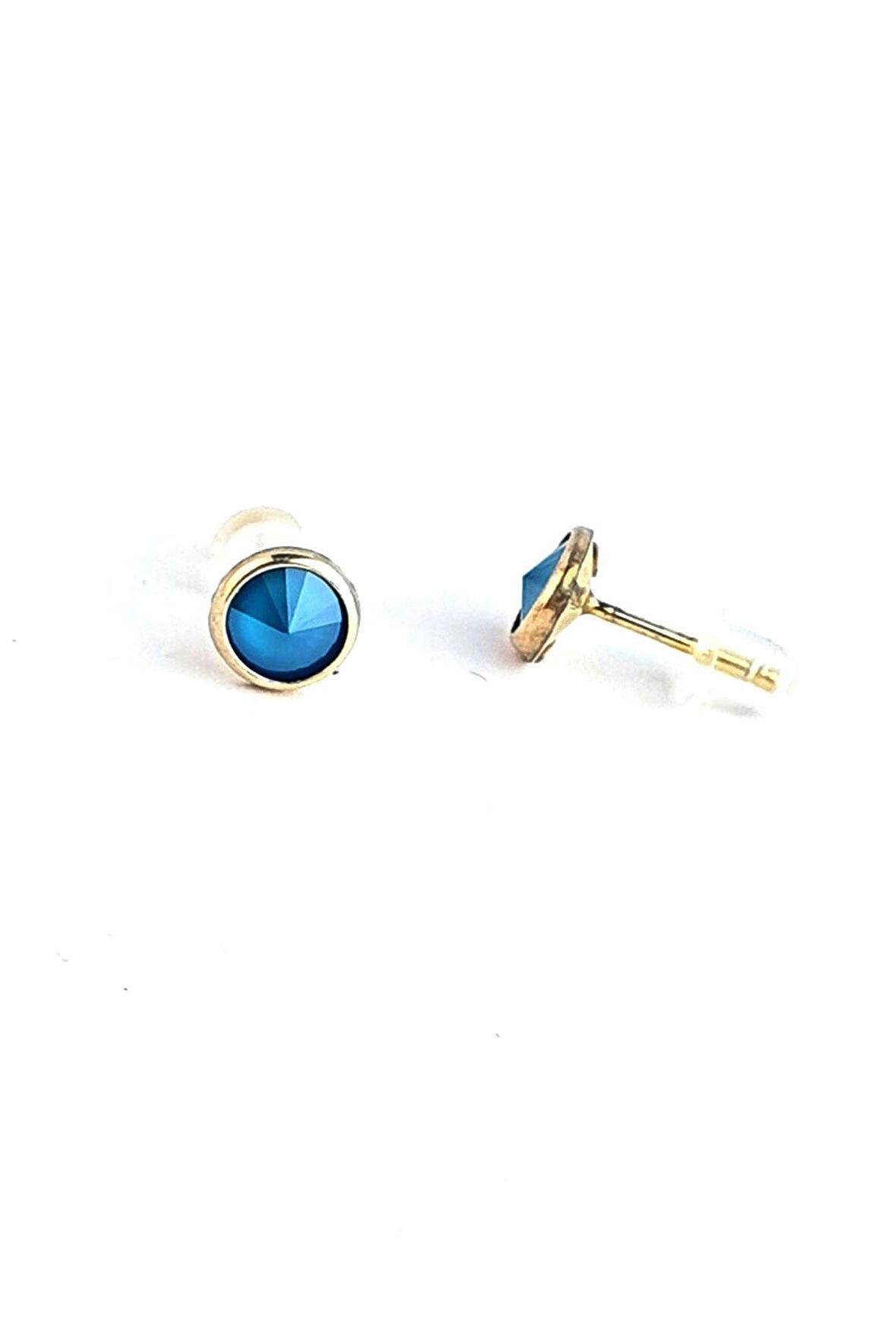 Mavi Swarovski Taşlı 925ayar Gümüş Üzerine Altın Kaplama Top Küpe 