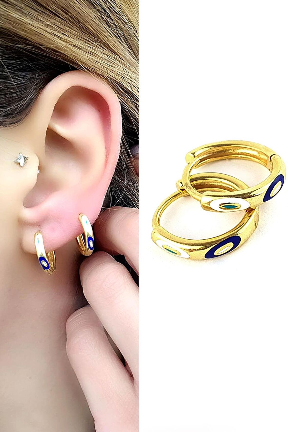 Mineli Nazar Boncuklu 925 ayar Gümüş Üzerine  Altın Kaplama Bonita Trend Halka Küpe 1.5 cm çap