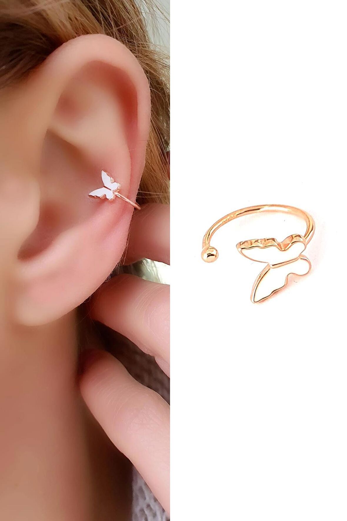 Beyaz mineli 925ayar Gümüş Üzerine Rose Altın Kaplama Trend Kelebek Sıkıştırmalı Kıkırdak Küpesi 