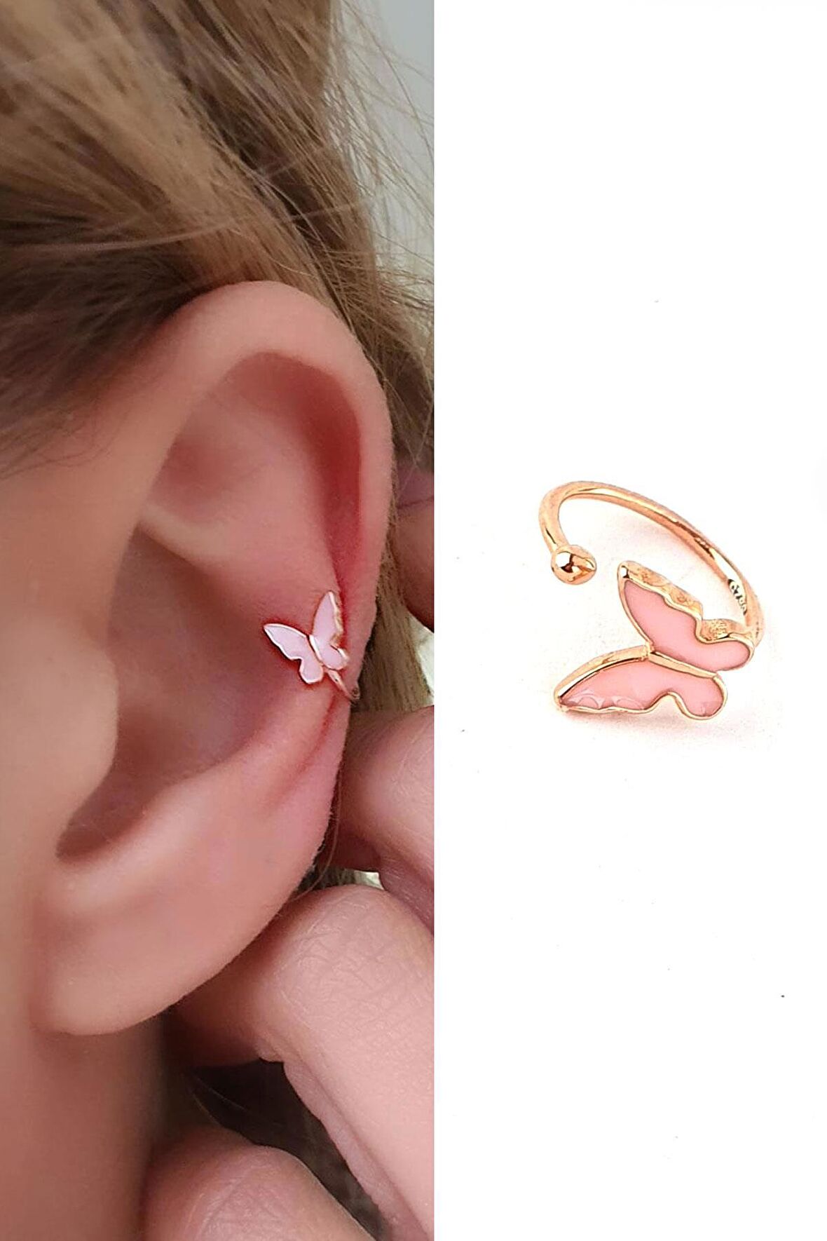 Pembe mineli 925ayar Gümüş Üzerine Rose Altın Kaplama Trend Kelebek Sıkıştırmalı Kıkırdak Küpesi 