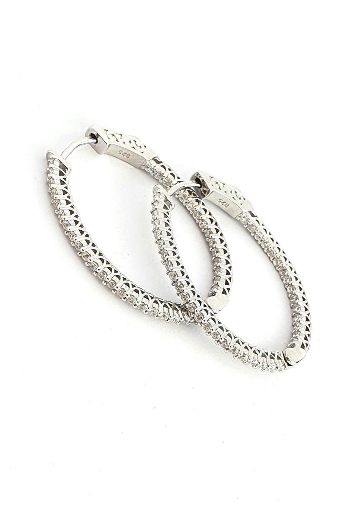 İci Dışı Zirkon Taşlı 925 ayar Gümüş Oval Halka Küpe