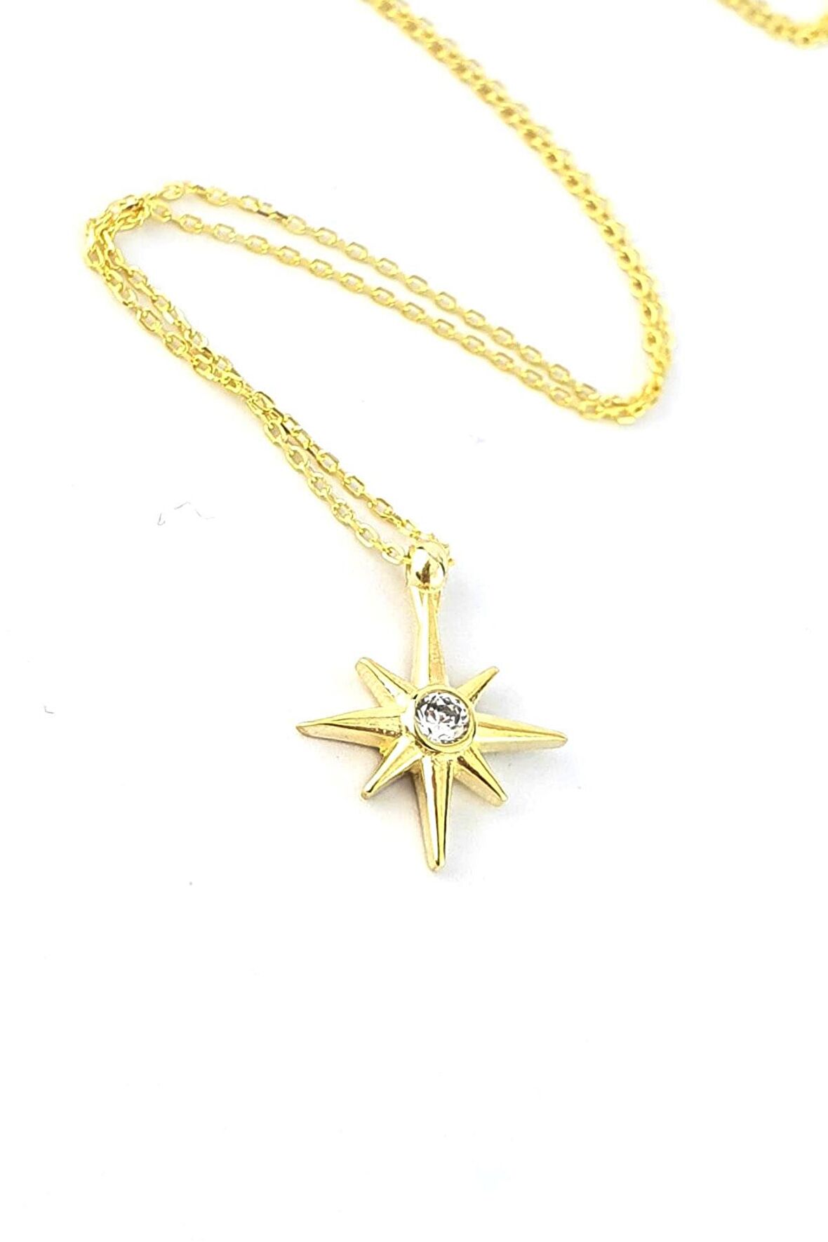 Zirkon Taş Detaylı 925ayar Gümüş Üzerine Altın Kaplama Kutup Yıldızı Minimal Kolye