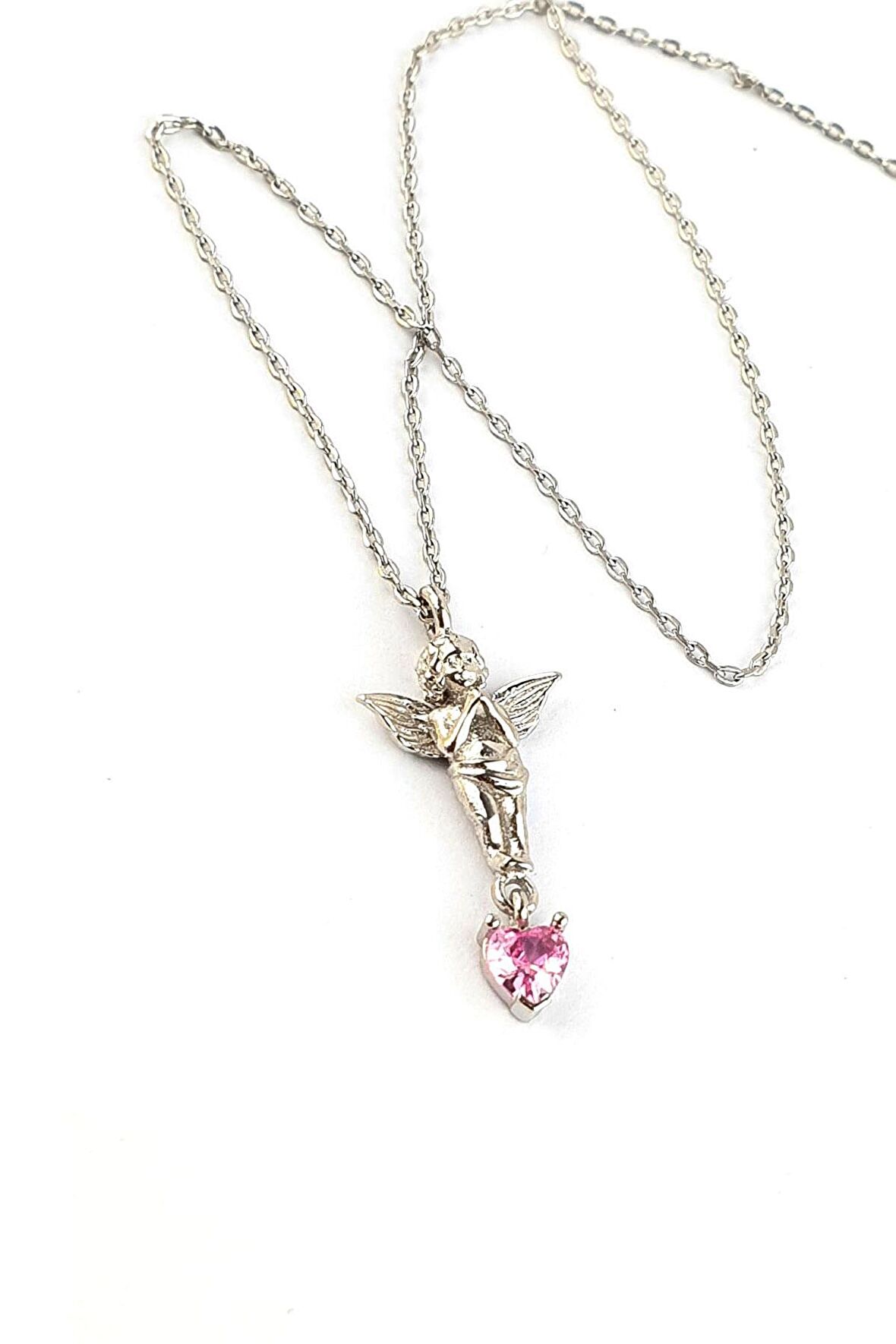 Pembe Zirkon Kalp Taşlı 925ayar Gümüş 3 boyutlu Tasarım Eros Aşk Meleği Kolye 