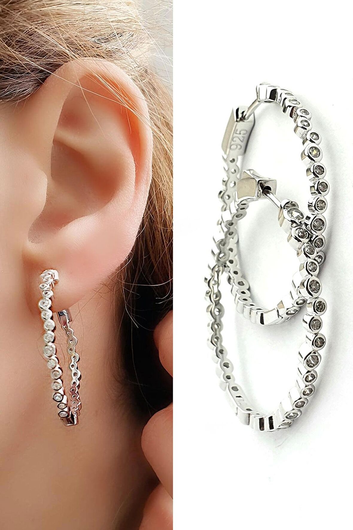 Zirkon Taş Detaylı 925 ayar Gümüş Trend Halka Küpe