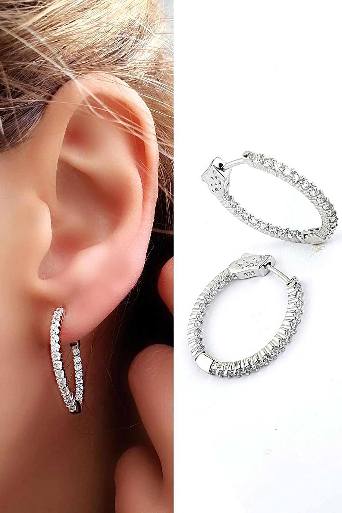 İci dışı Zirkon Taşlı 925ayar Gümüş İtalyan Tasarımı Halka Küpe küpe çapı 2.5 cm 