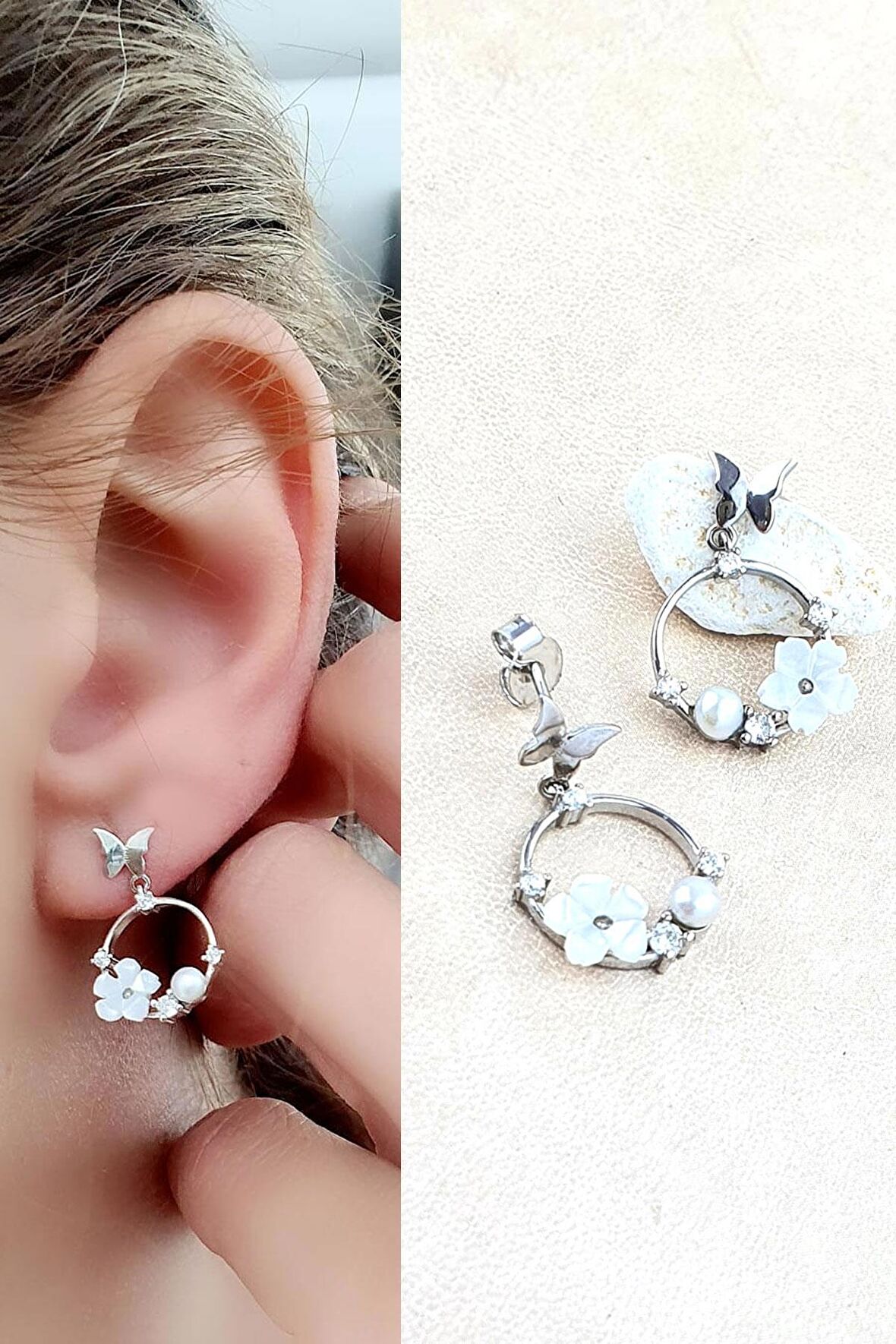 El isi sedef taşlı 925ayar gümüş  Tasarım Manolya Küpe 