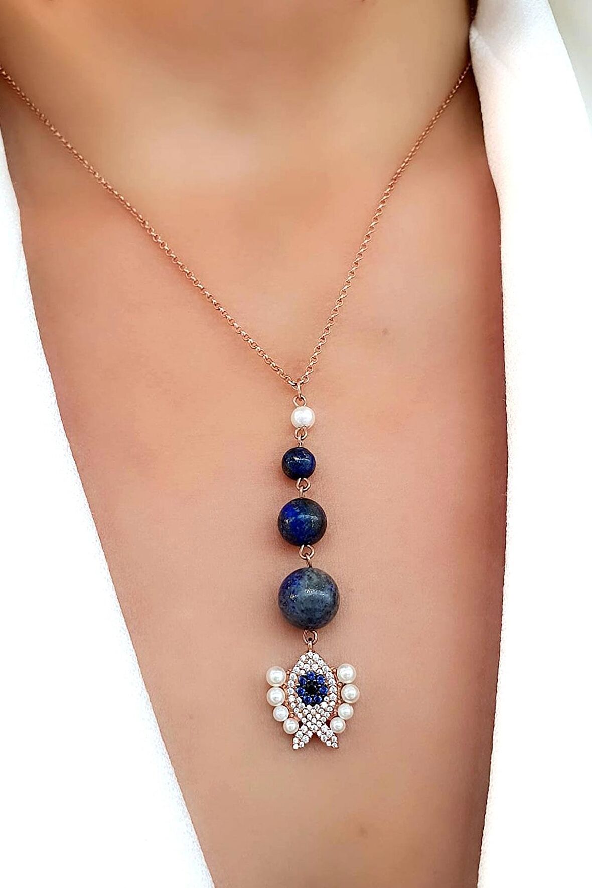 Kum inci detaylı Lapis Lazuli Taşlı 925ayar Gümüş Üzerine Rose Altın Kaplama Ayarlanabilir Asansörlü Trend Balık Kolye