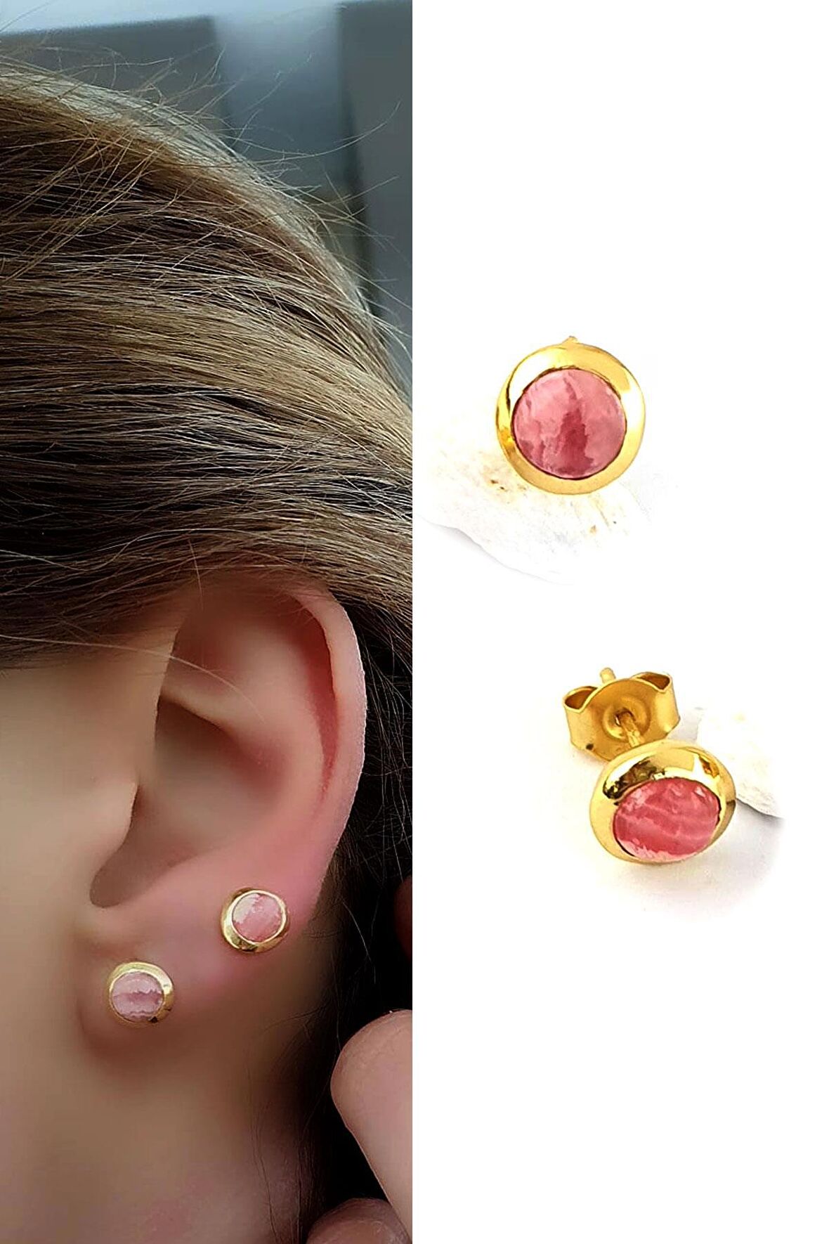 Pembe Turmalin Taşlı 925ayar Gümüş Üzerine Altın Kaplama Tasarım Doğal Taş Minimal Küpe