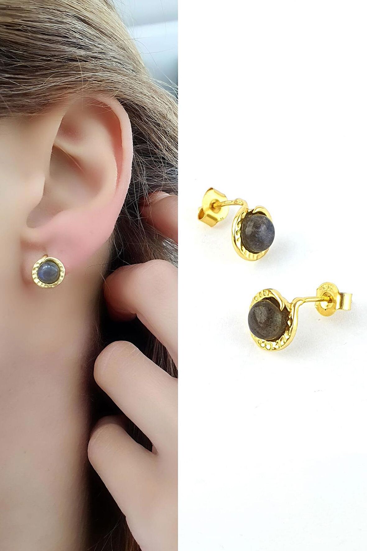 Labrodorite Taşlı 925ayar Gümüş Üzerine Altın Kaplama Tasarım Doğal Taş Küpe