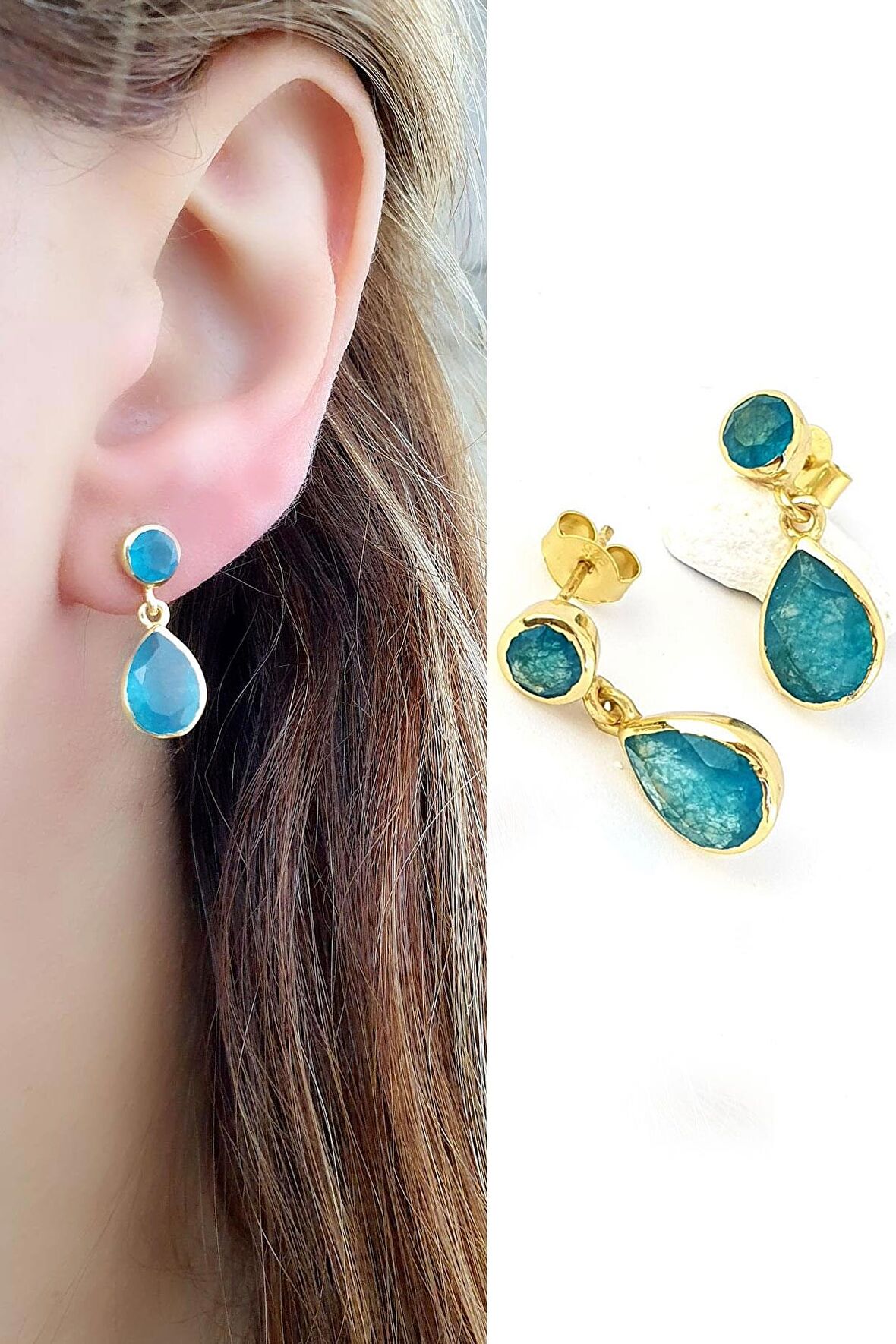 İşlenmemiş Aquamarin Taşlı 925ayar Gümüş Üzerine Altın Kaplama Tasarım Doğal Taş Damla Küpe 