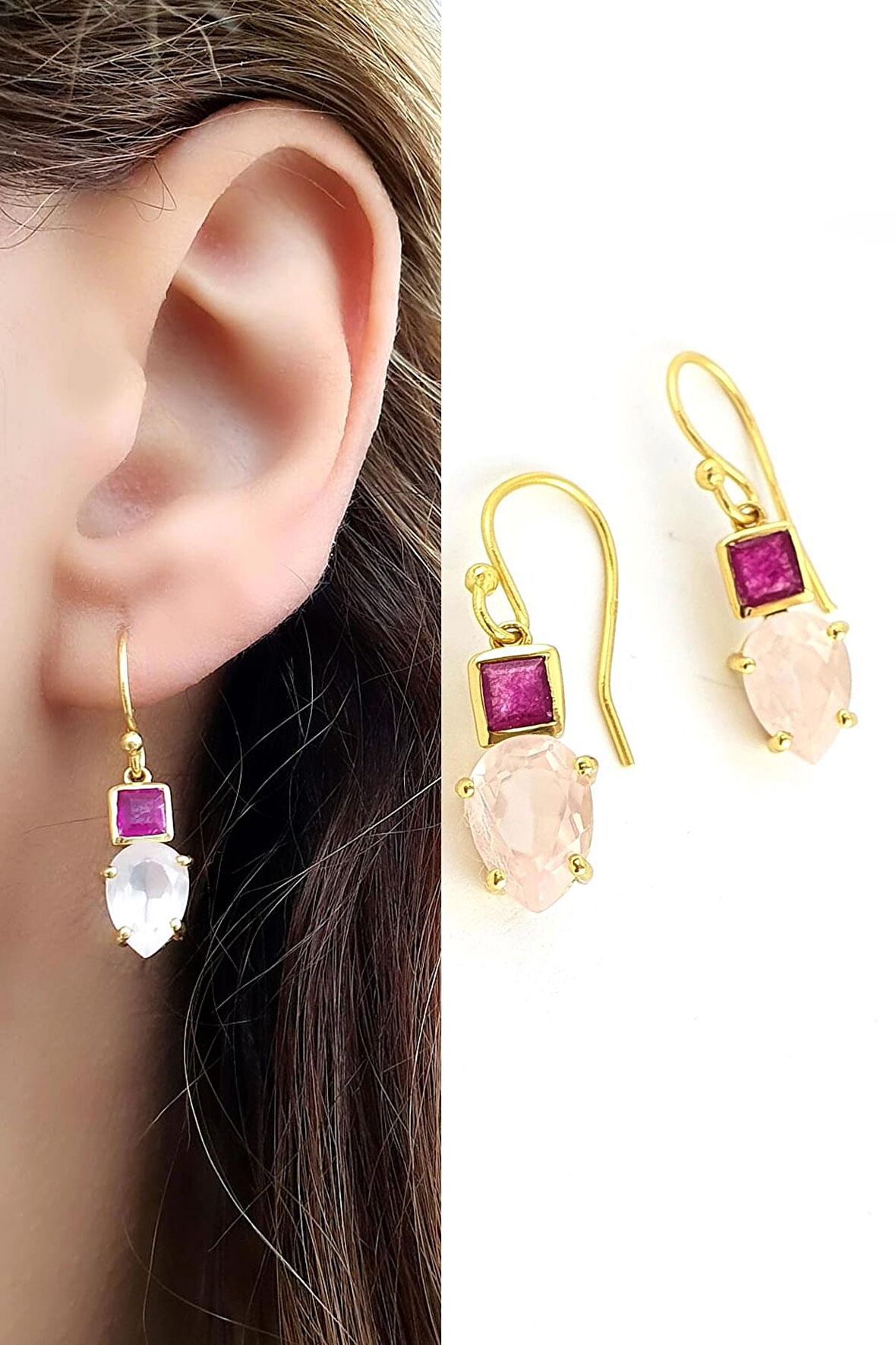 Pembe turmalin ve Pembe kuvars  taşlı 925ayar gümüş üzerine altın kaplama tasarım Doğal Taş Küpe