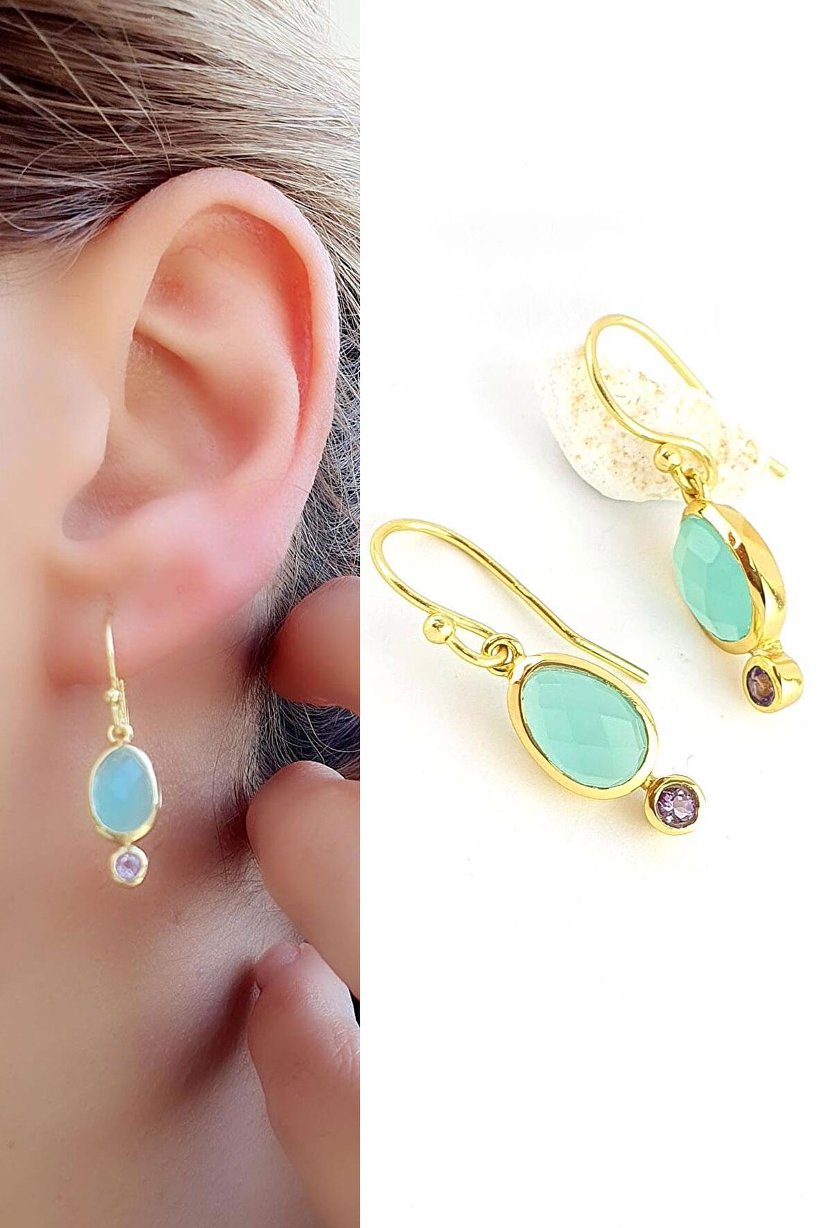 Kalsedon ve Ametist Taşlı 925ayar Gümüş Üzerine Altın Kaplama Tasarım Doğal Taş Küpe 