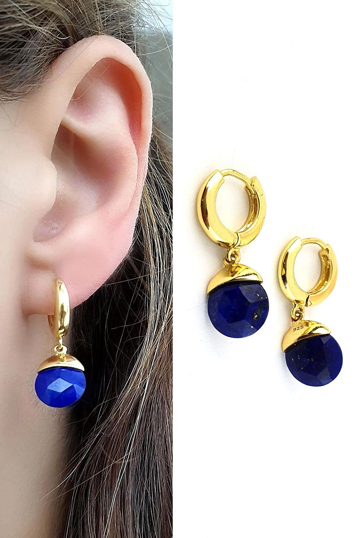 Lapis lazuli Taşlı 925ayar Gümüş Üzerine Altın Kaplama Tasarım Doğal Taş Sallantılı Küpe