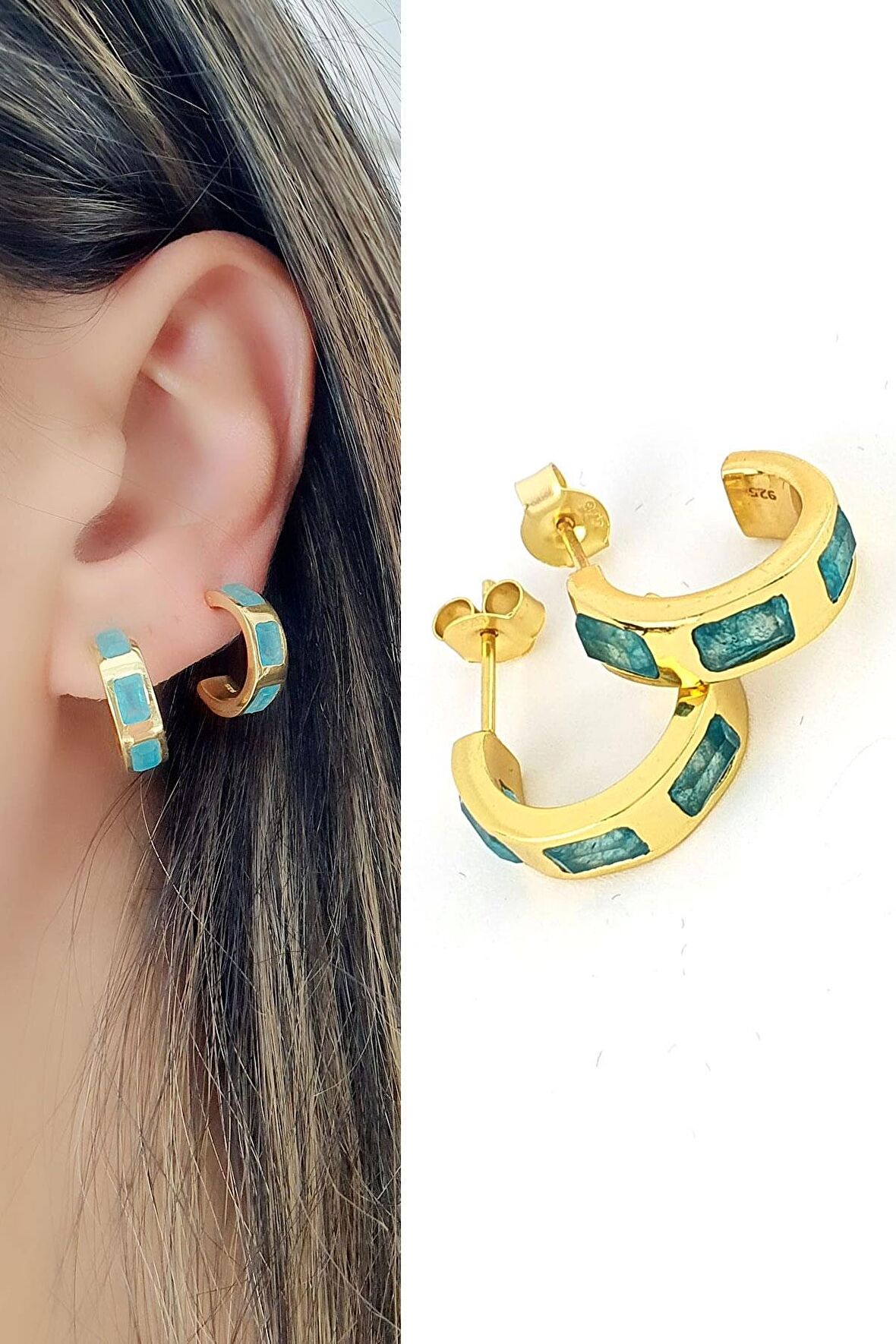 İşlenmemiş Aquamarin Taşlı 925ayar Gümüş Üzerine Altın Kaplama Tasarım Doğal Taş YarIm Halka Küpe