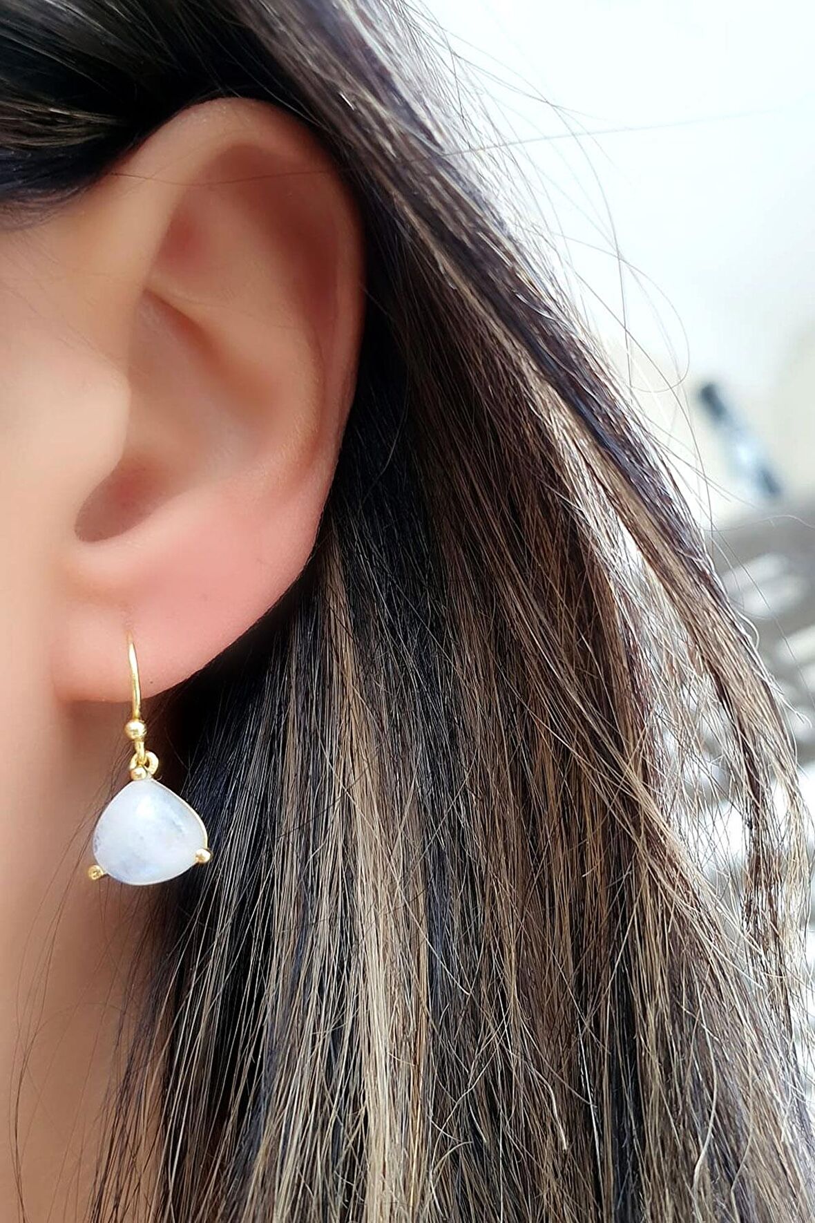 Ay Taşlı 925ayar Gümüş Üzerine Altın Kaplama Tasarım Doğal Taş Küpe 