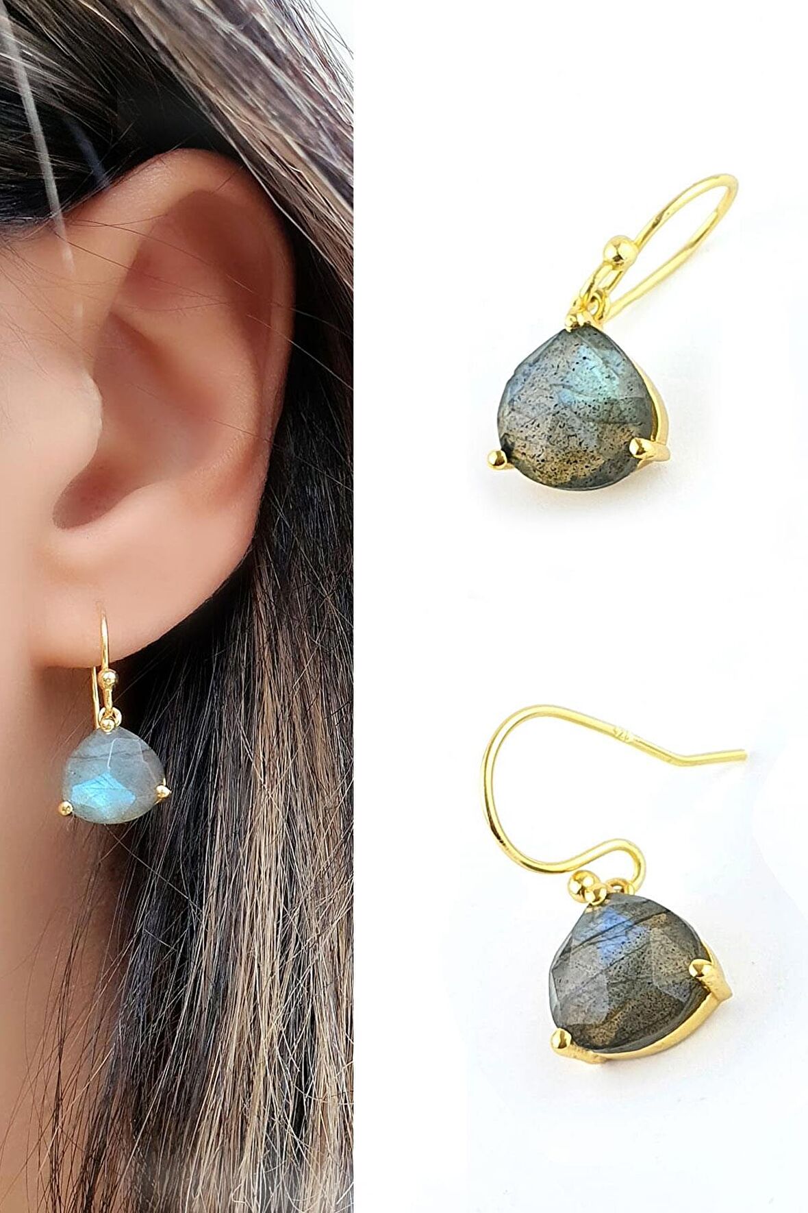 Labrodorite Taşlı 925ayar Gümüş Üzerine Altın Kaplama Tasarım Doğal Taş Küpe 