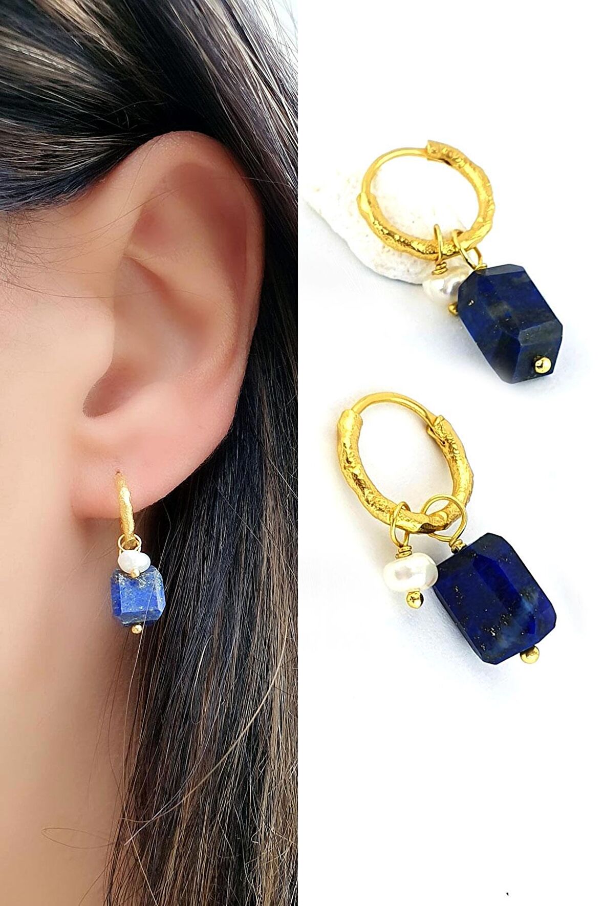 Lapis lazuli ve İncili 925ayar Gümüş Üzerine Altın Kaplama Tasarım Minimal Halka Küpe